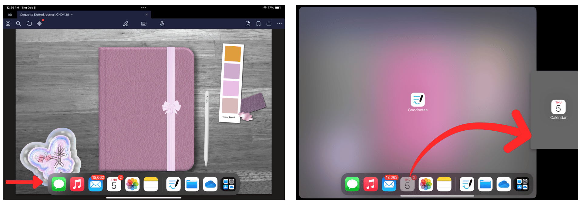 Goodnotes split screen showing a planner and digital sticker book side by side