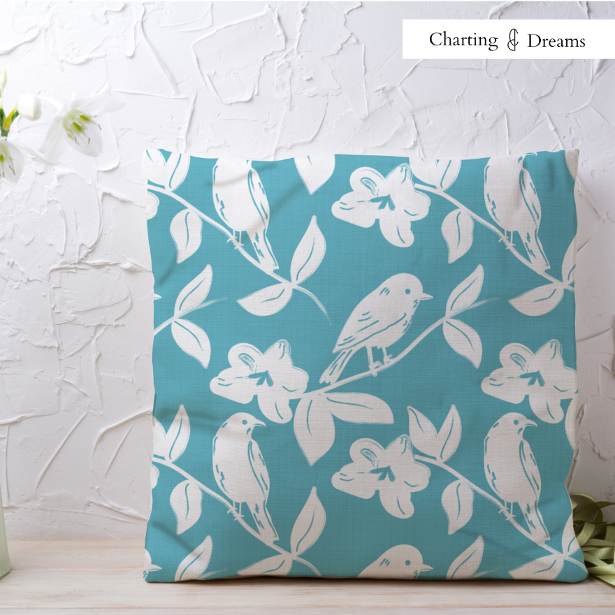 White lines art birds and flowers on branches. This Toile inspired print is open for licensing