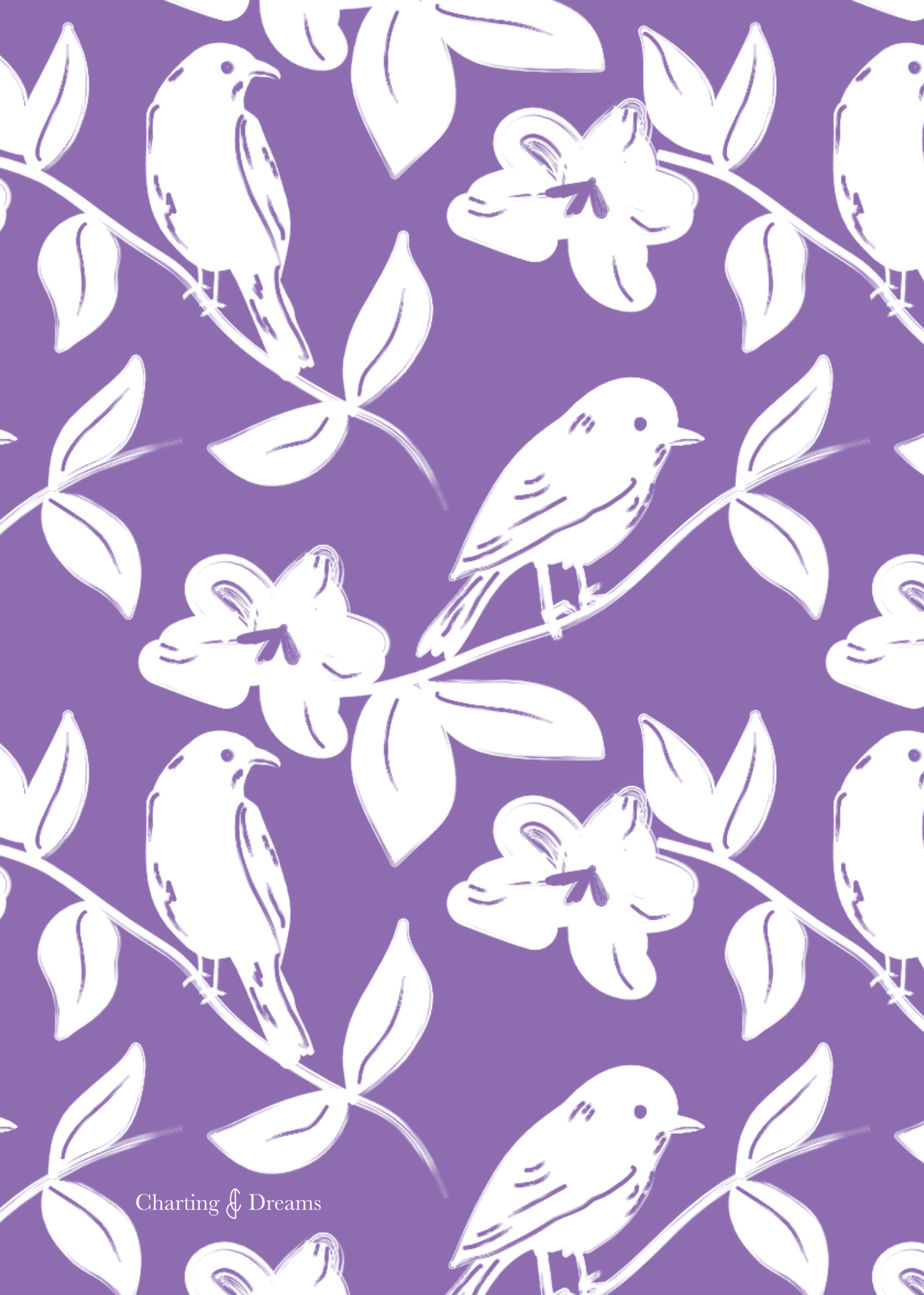 Silhouette birds on vines with flowers on a purple background. Open for licensing