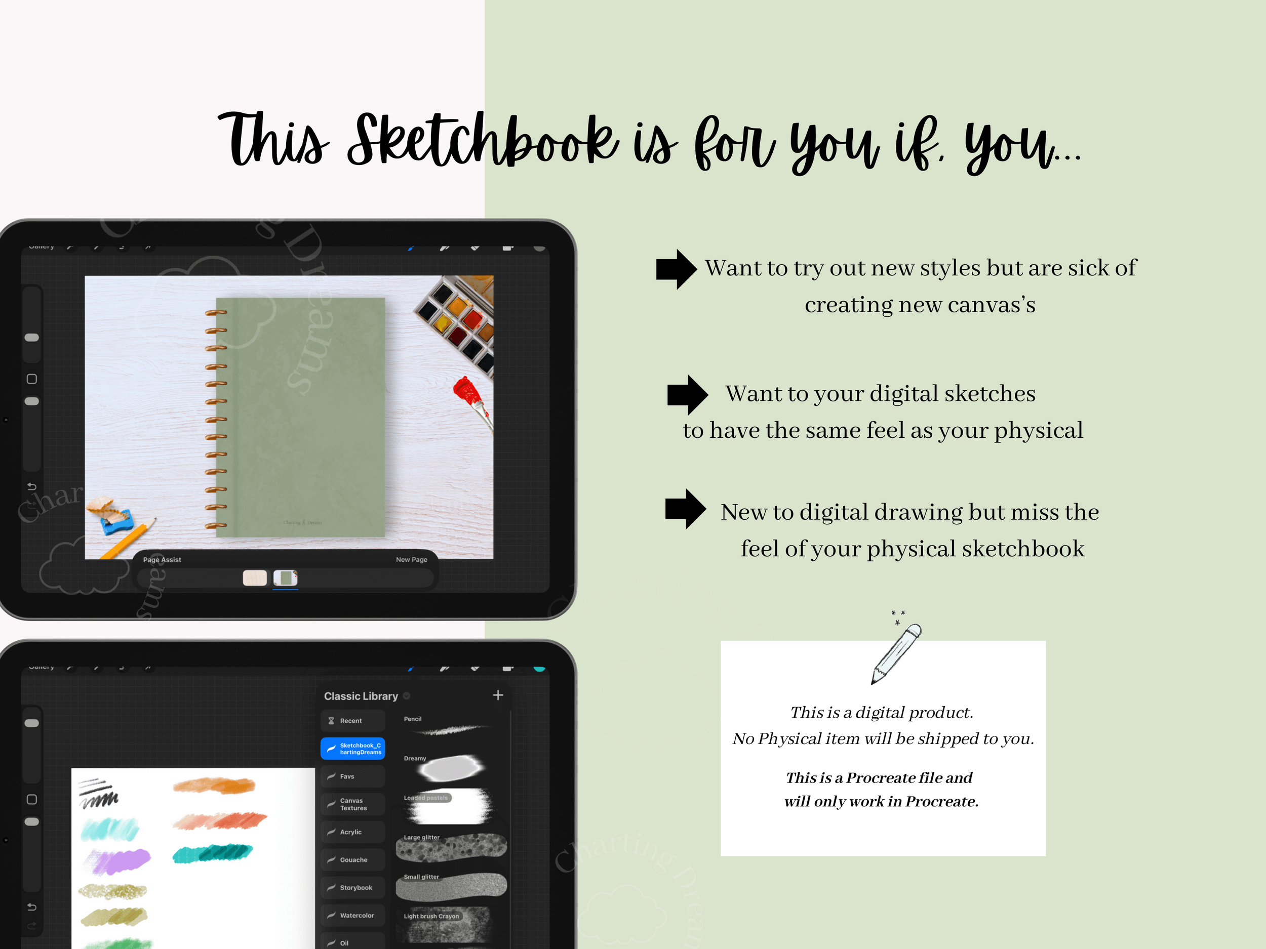 Digital sketchbook for Procreate with layered pages and artist-favorite custom brushes