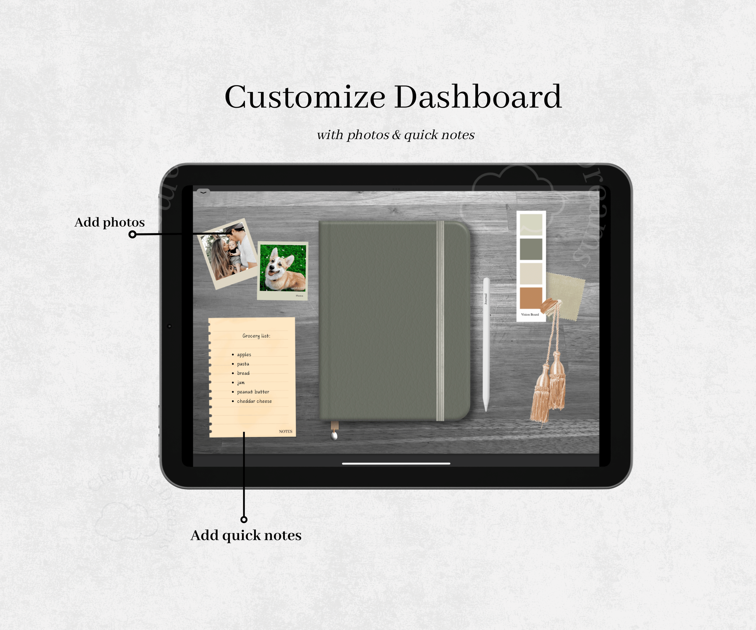 Hyperlinked goodnotes journal with notes sections, photo collage, monthly bullet journal sections vision board, and journal.