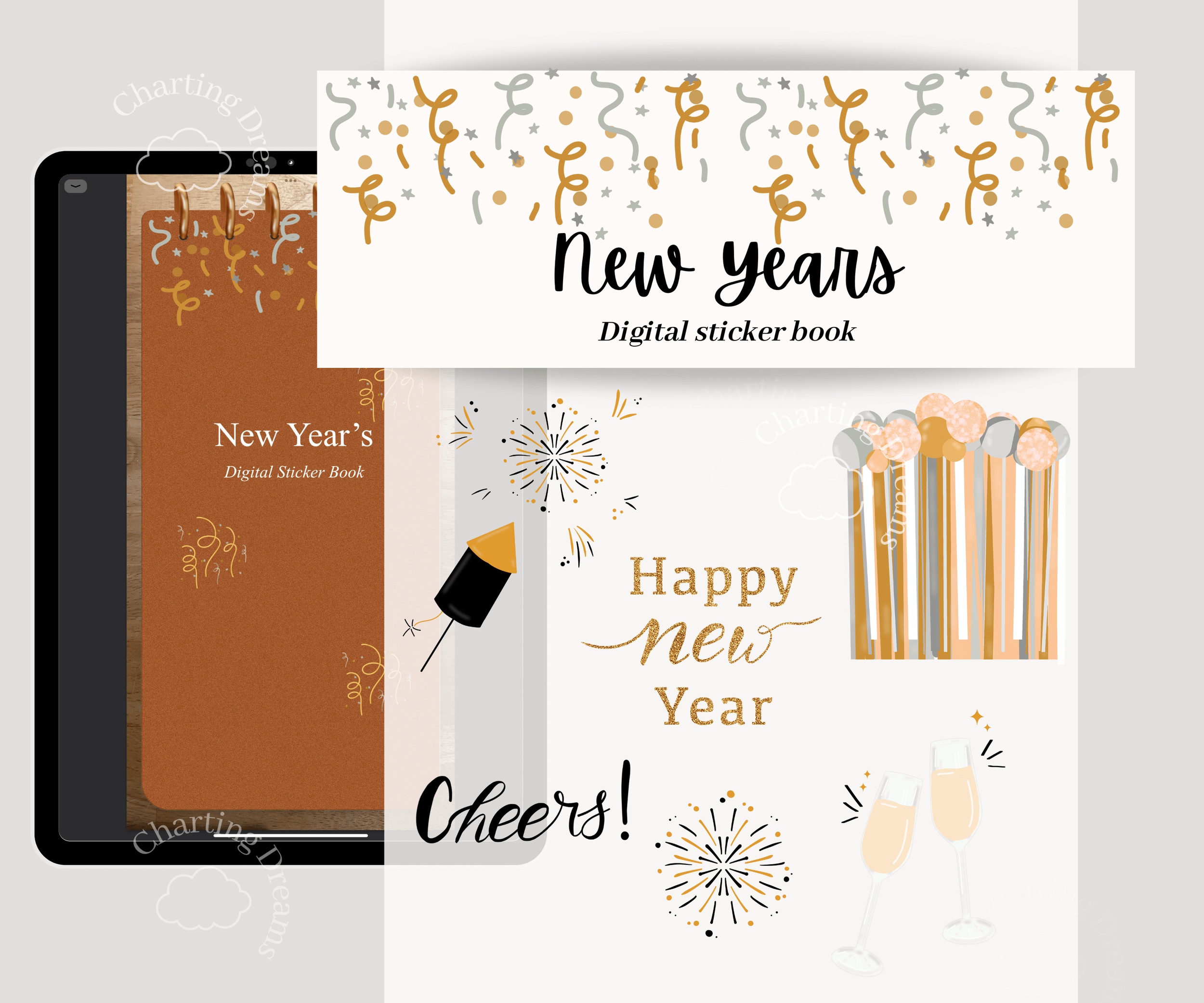 new years clipart with decorations, ball dropping and fireworks for digital planning