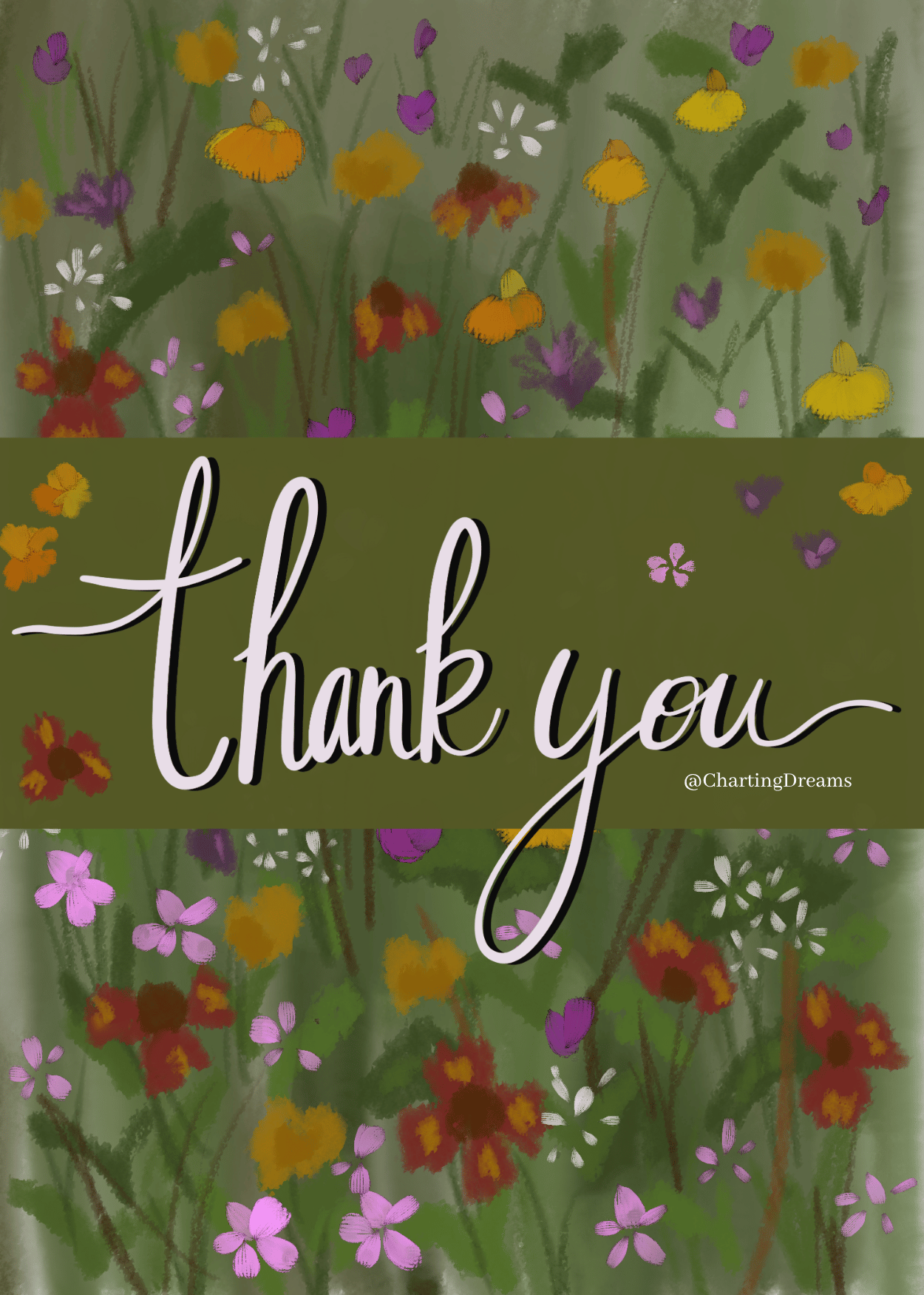 Thank you lettering with watercolor and guache wildflowers in a meadow. Features bright pink daisies, red and yellow sunflowers. This whimsical  design would be perfect for a greeting card company. Open for licensing