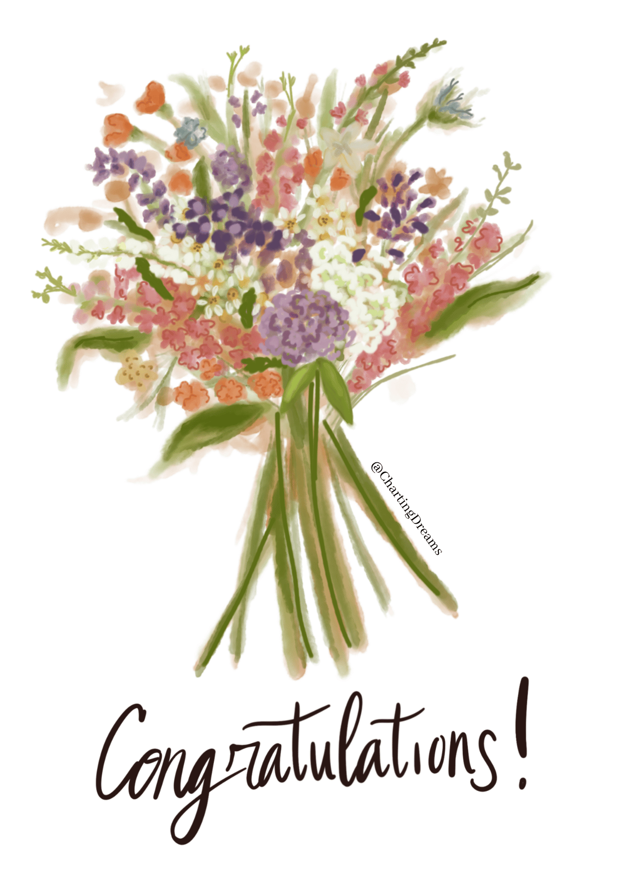 Congratulations  hand-lettering with watercolor flower boquet filled with pink, purple and red flowers. This design would be perfect for a greeting card company. Open for licensing