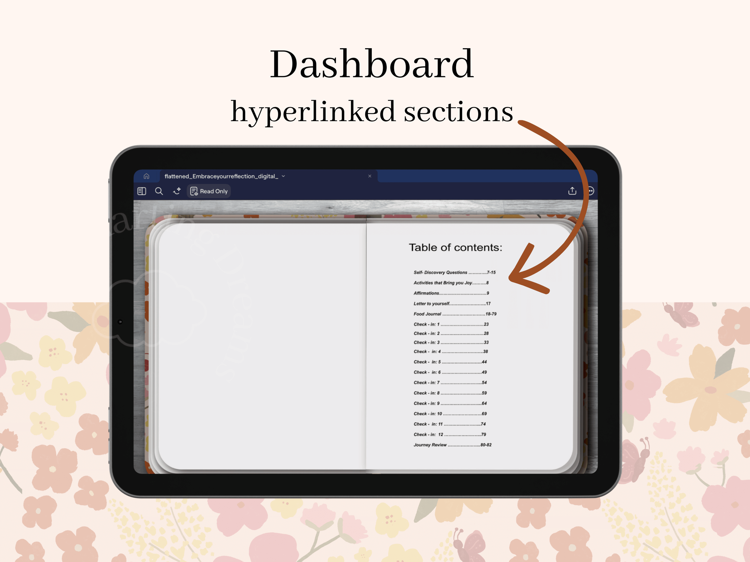 Self-discovery journal with reflective prompts, food logs, and affirmations