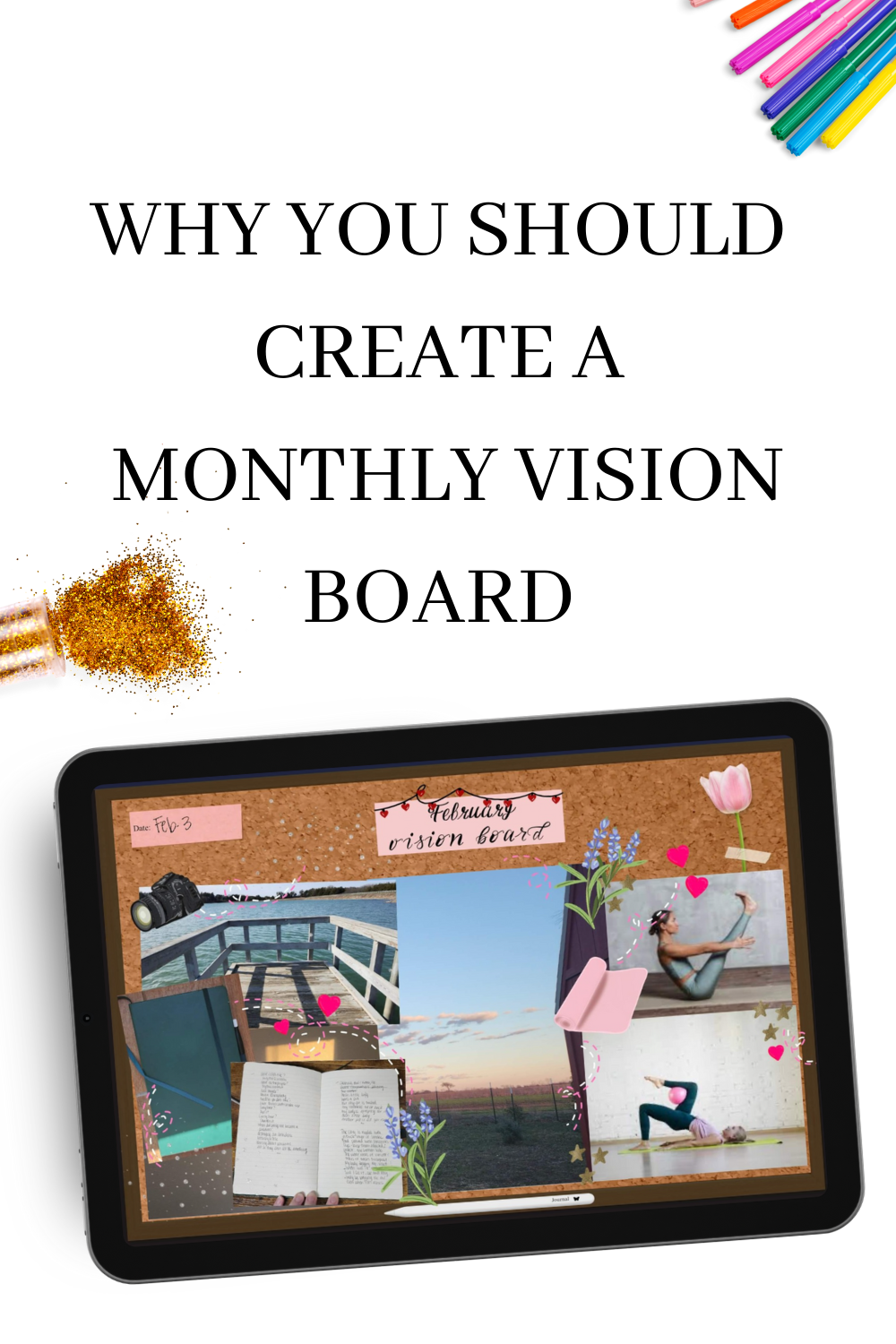 Monthly Vision Boards are a great way to stay top of your yearly goals. It allows you to break down your goals into smaller Monthly steps so you’re more likely to accomplish your goals.