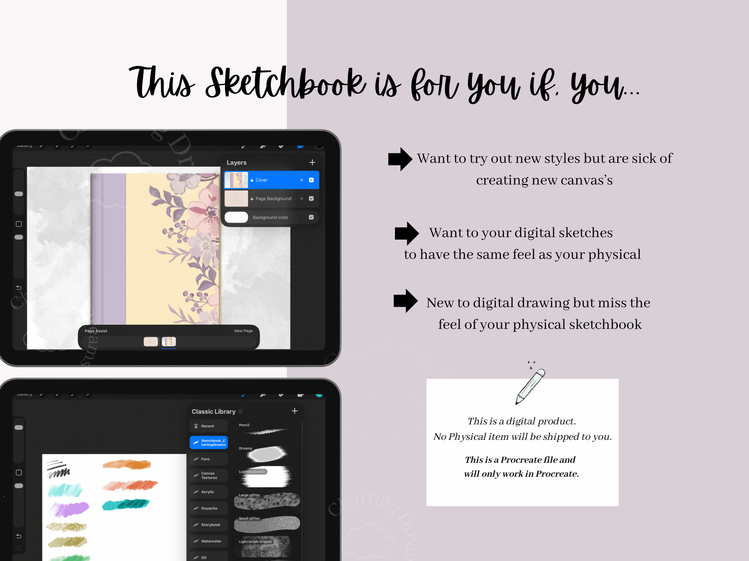 Procreate sketchbook digital file for iPad artists to store sketches, concepts, and creative ideas