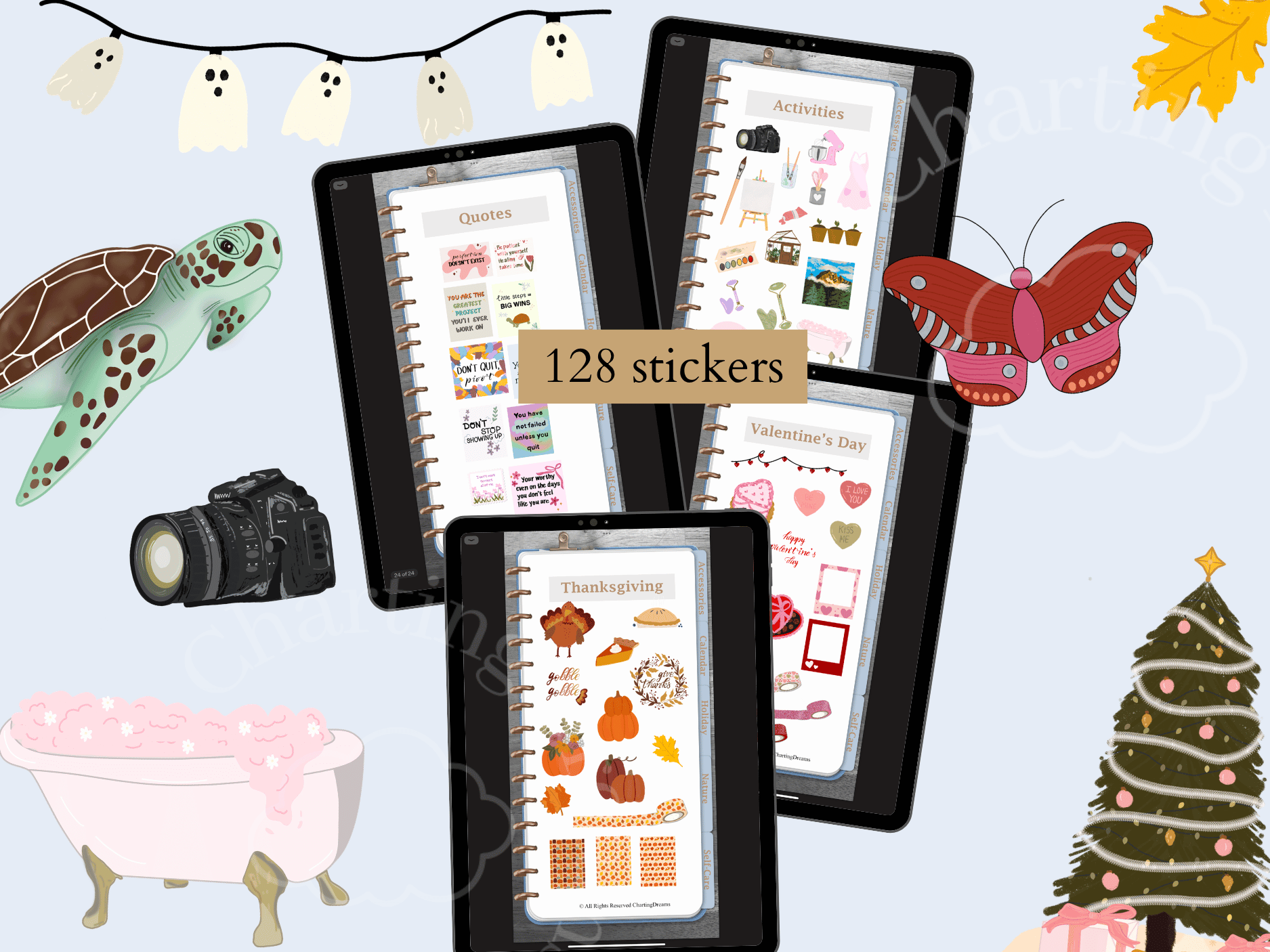 Digital sticker collection with 128 seasonal, hobby, and decorative stickers shown on tablets and phones.