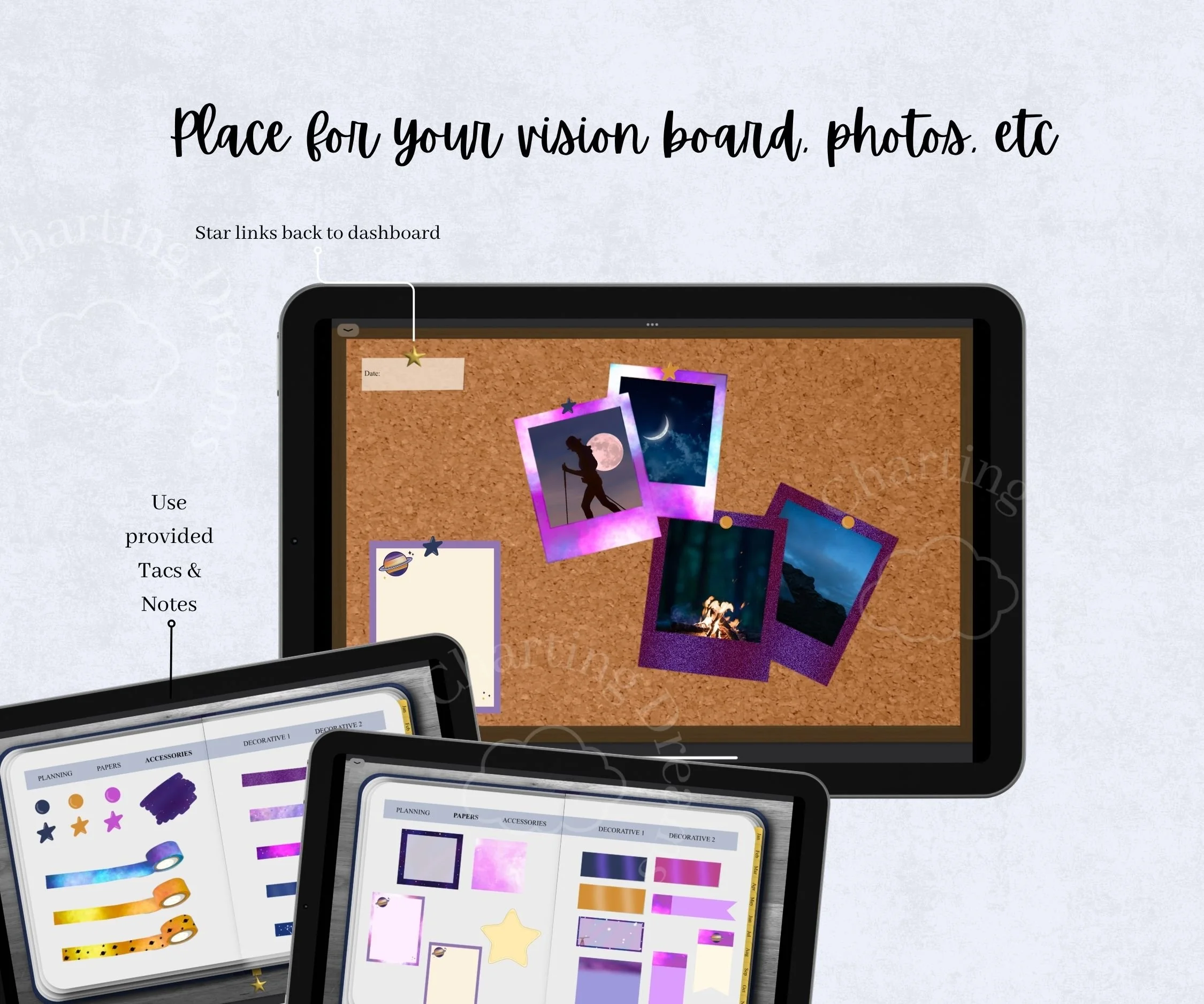 vision board for digital planning with galaxy digital stickers