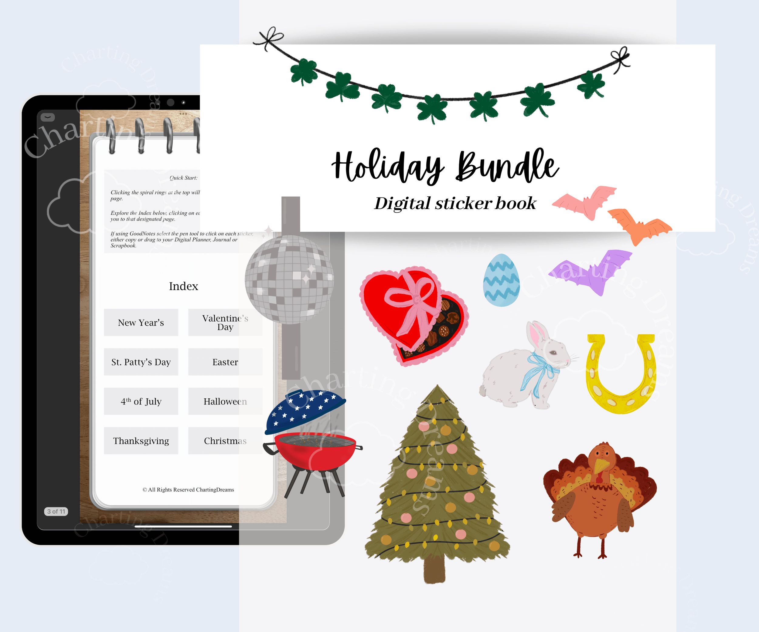 holiday clipart for digital planners such as easter, st. pattys day, halloween, new years and valentines day