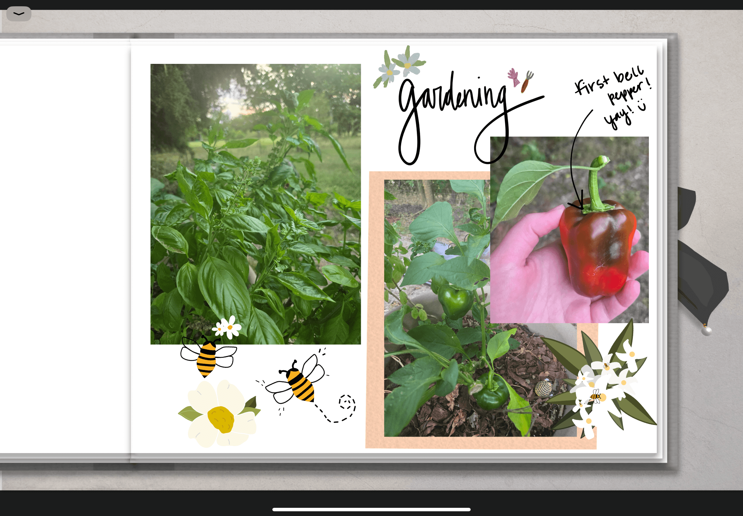 Digital scrapbook with gardening page, produce and bee stickers