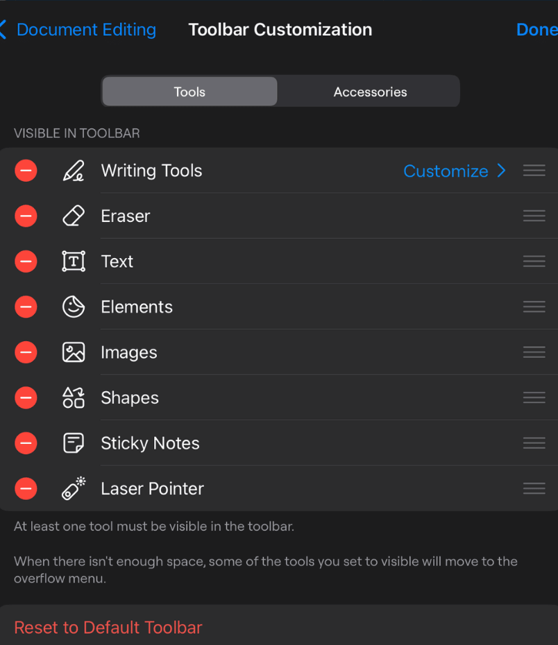 Goodnotes toolbar settings showing custom pen, lasso, and sticker tools