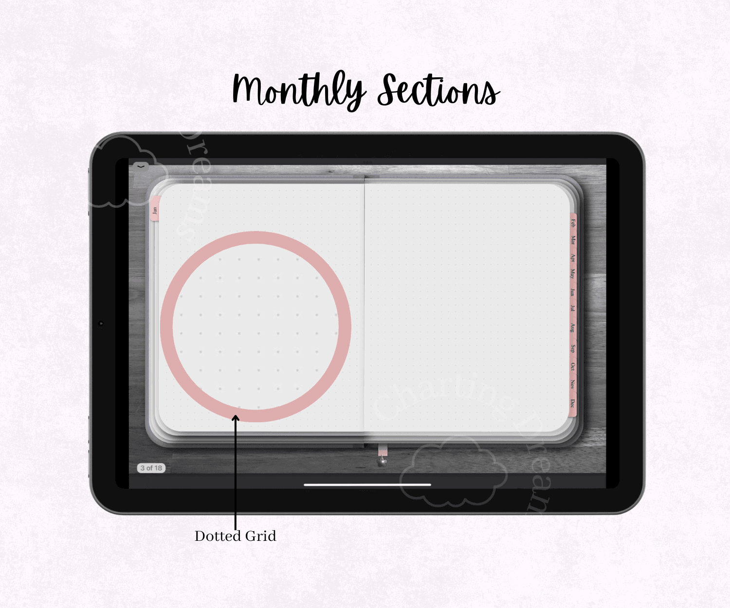 A blank monthly section divider page for a digital journal displayed on a tablet screen with interactive tabs.