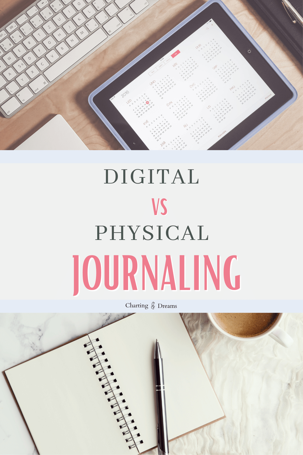 Side-by-side comparison of digital journaling on an iPad and traditional paper journaling