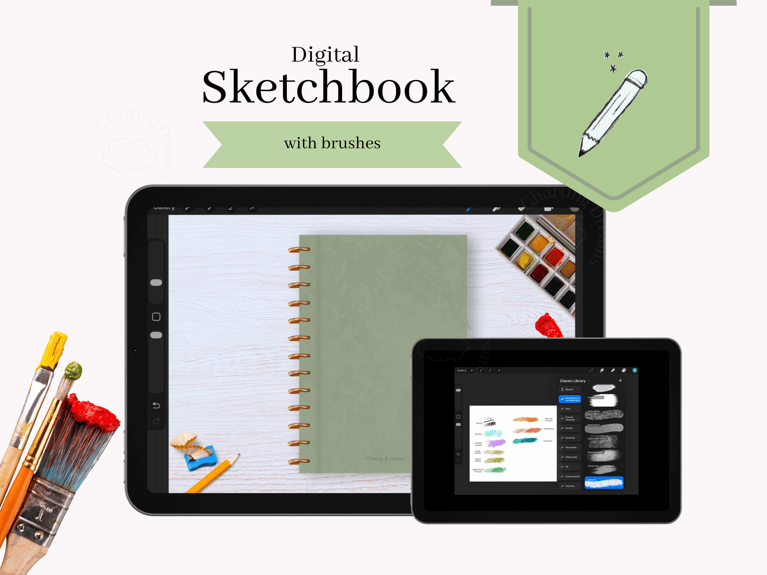 Digital Procreate sketchbook with realistic scrapbook layout for iPad artists organizing digital sketches