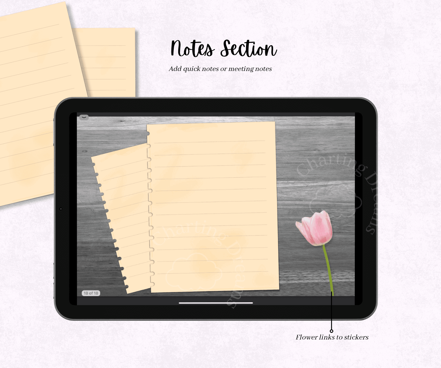 An aesthetic notes section layout for a digital planner featuring torn paper graphics and a pink tulip accent on an iPad.