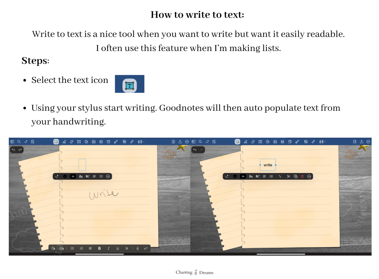 Goodnotes tutorial on how to write to text in your digital journal