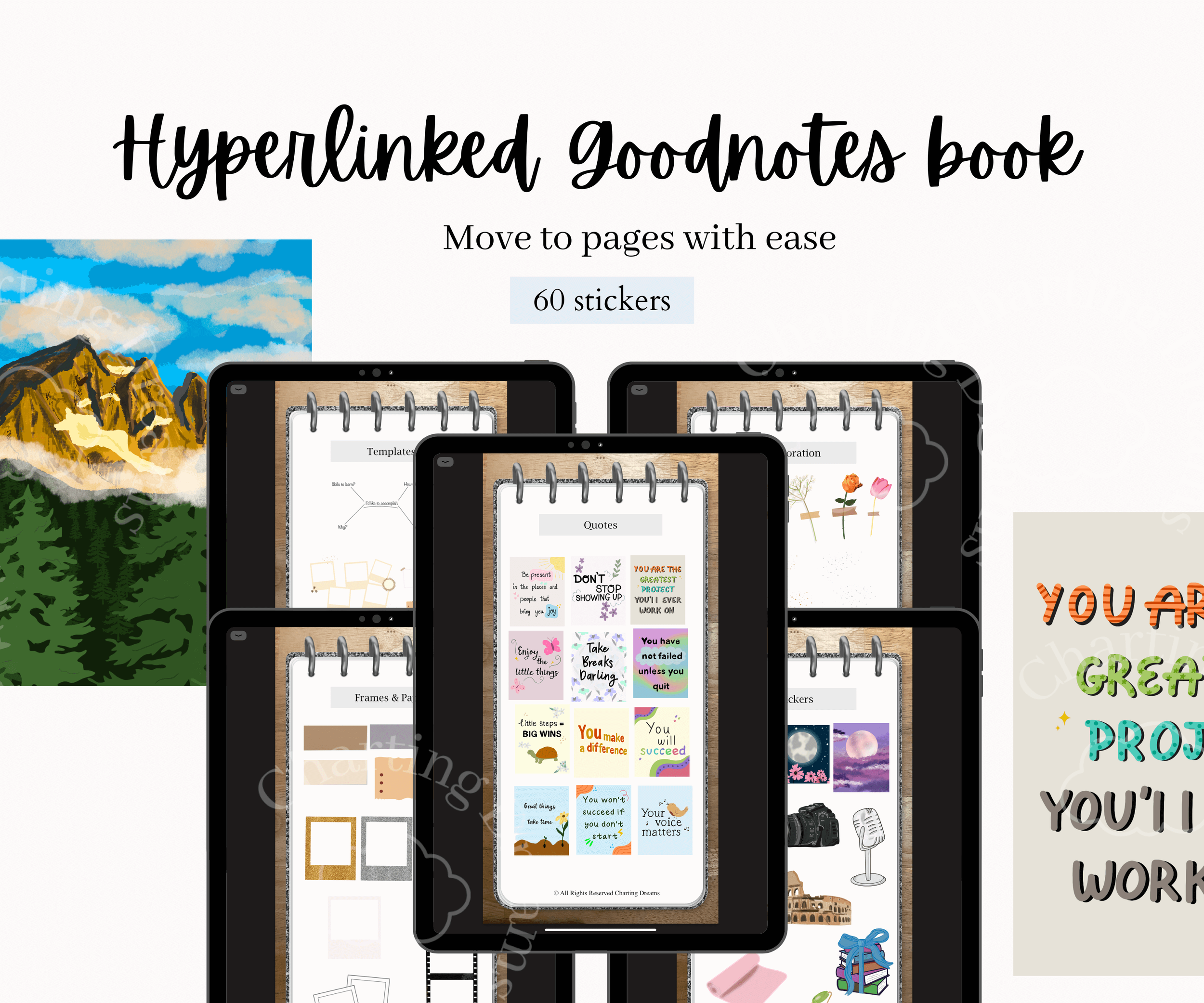 Goodnotes stickers with glitter frames, polaroid's, vision board template, bullet journal stickers and more