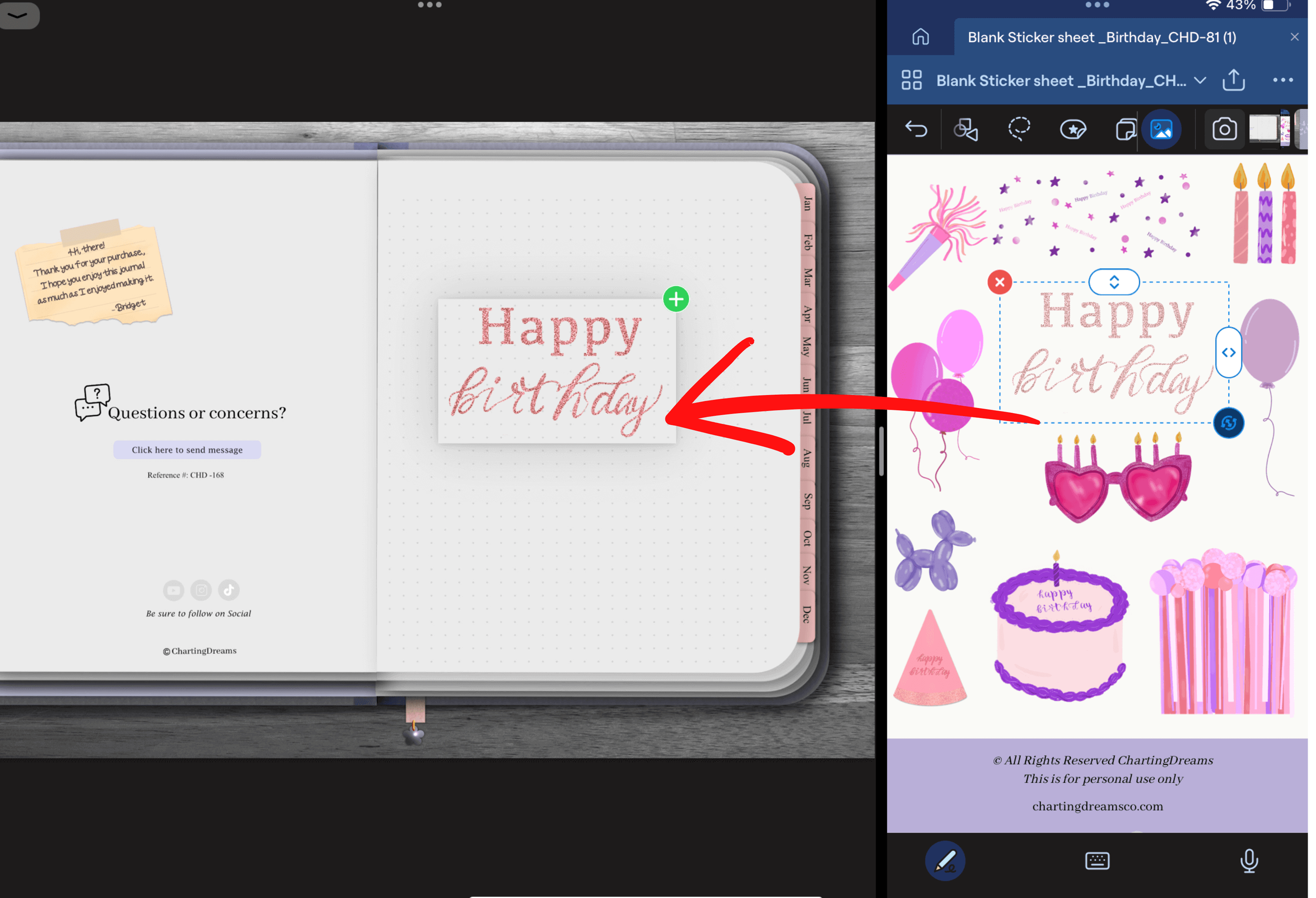 Adding pink birthday  stickers to a Goodnotes planner page