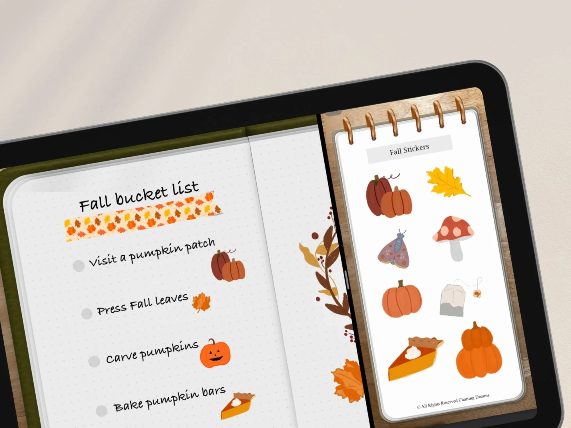 Digital Fall bucket list with pumpkins and leaves on a digital planner