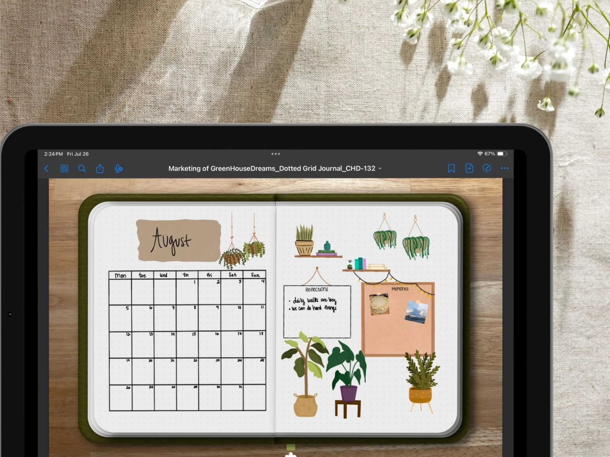 Digital Bullet journal spread with whimsy house plant design