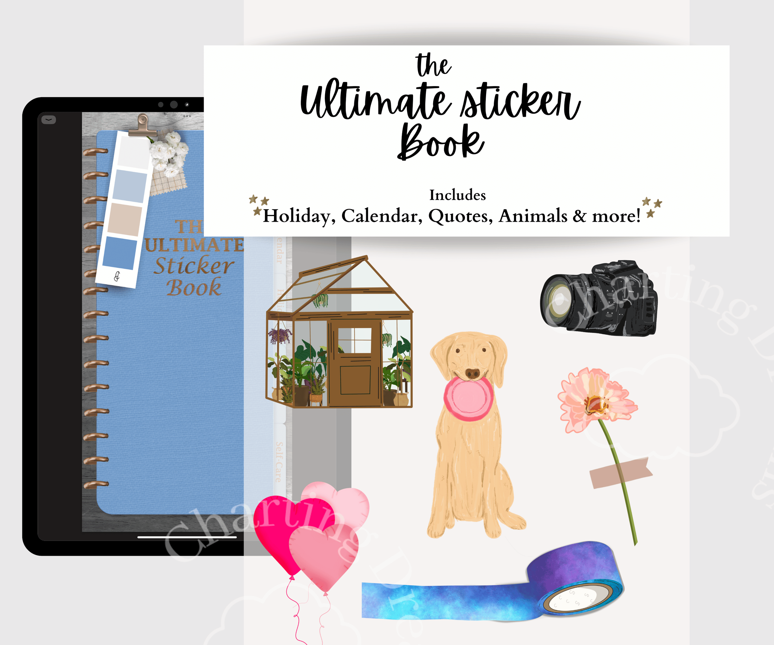 Hyperlinked Goodnotes sticker book flowers, Valentine's Day, Christmas, Thanksgiving, dog, and Camera stickers