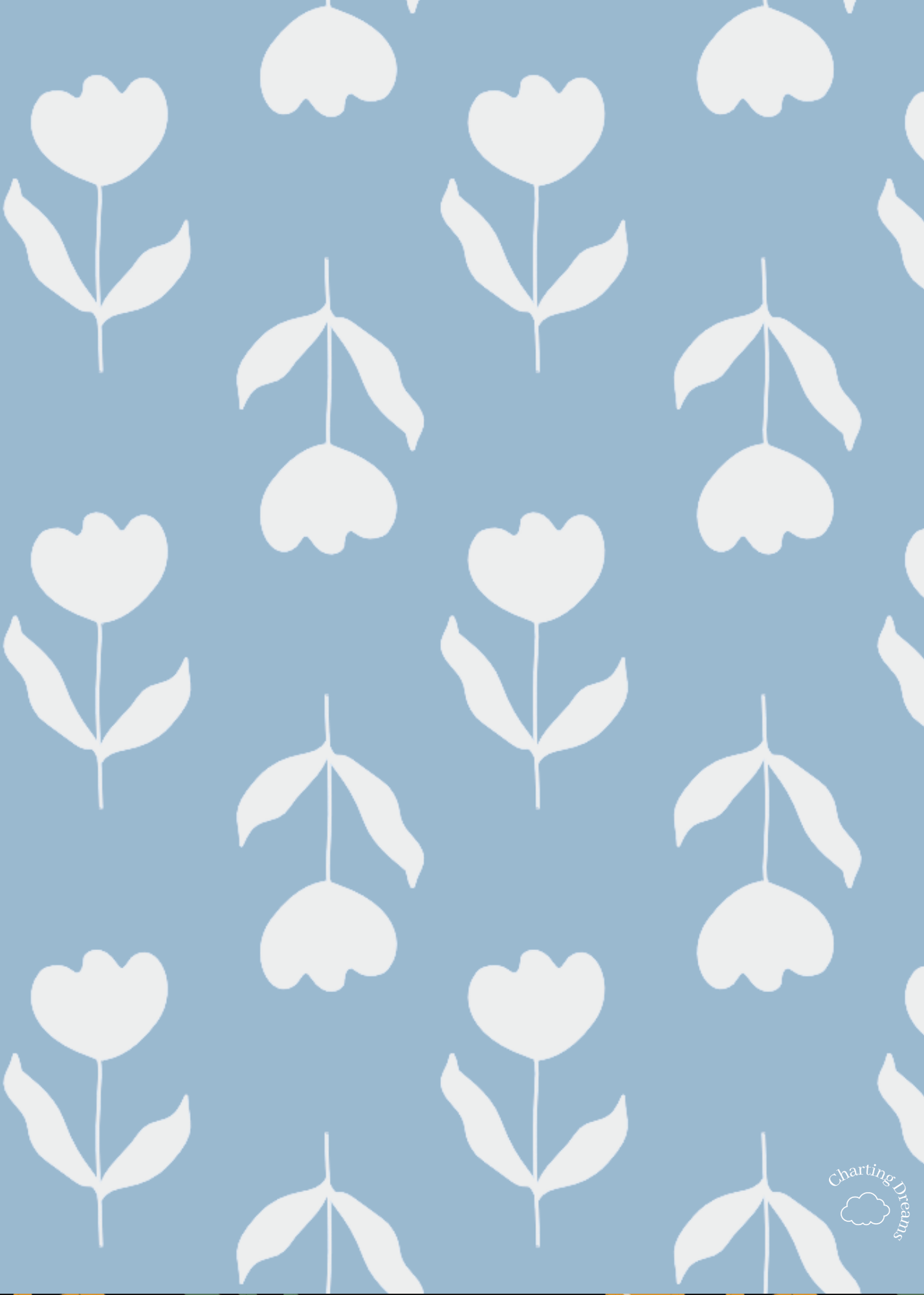 Silhouette tulips with stem and leaves on a blue background.