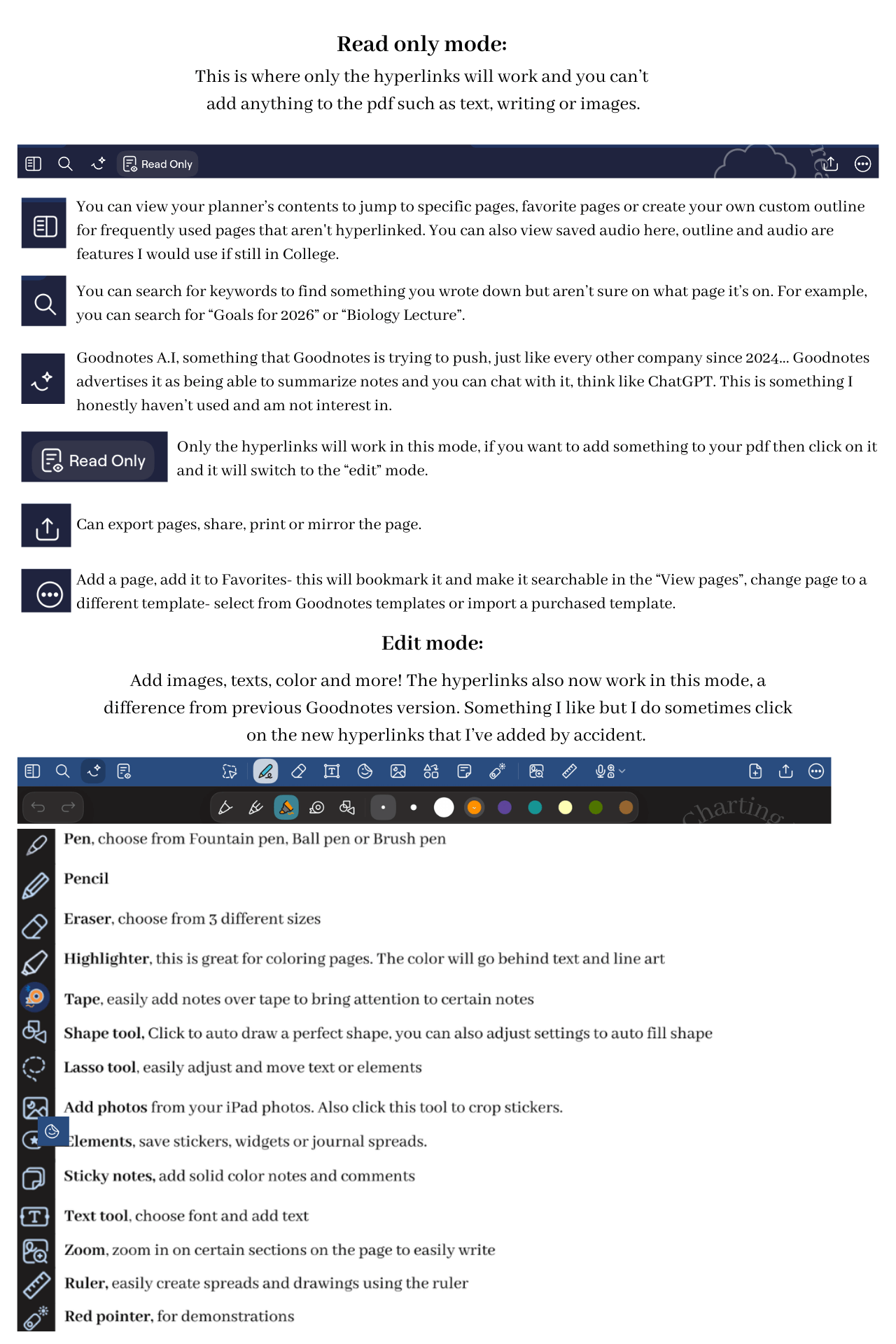 Goodnotes toolbar overview and descriptions