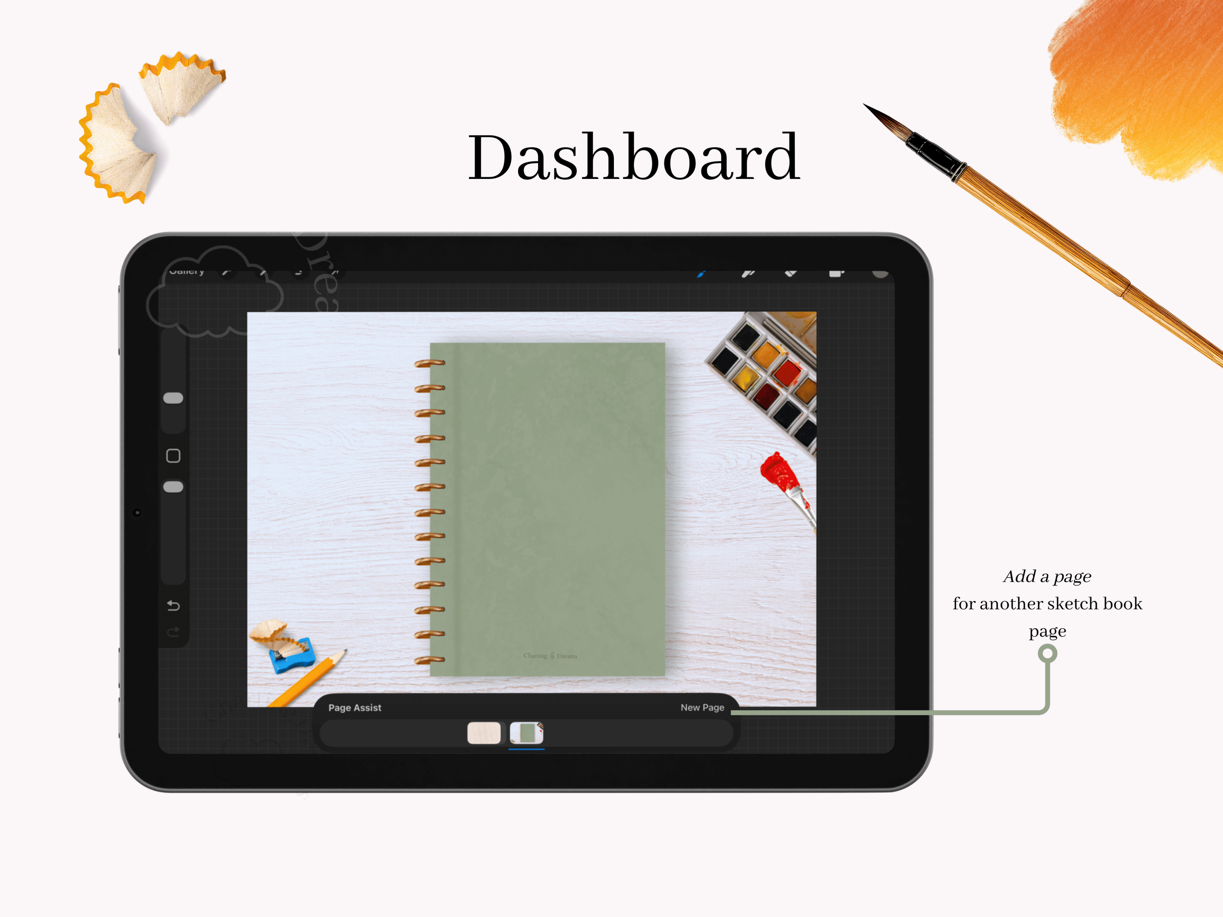 Procreate digital scrapbook sketchbook featuring custom brushes for digital drawing and journaling