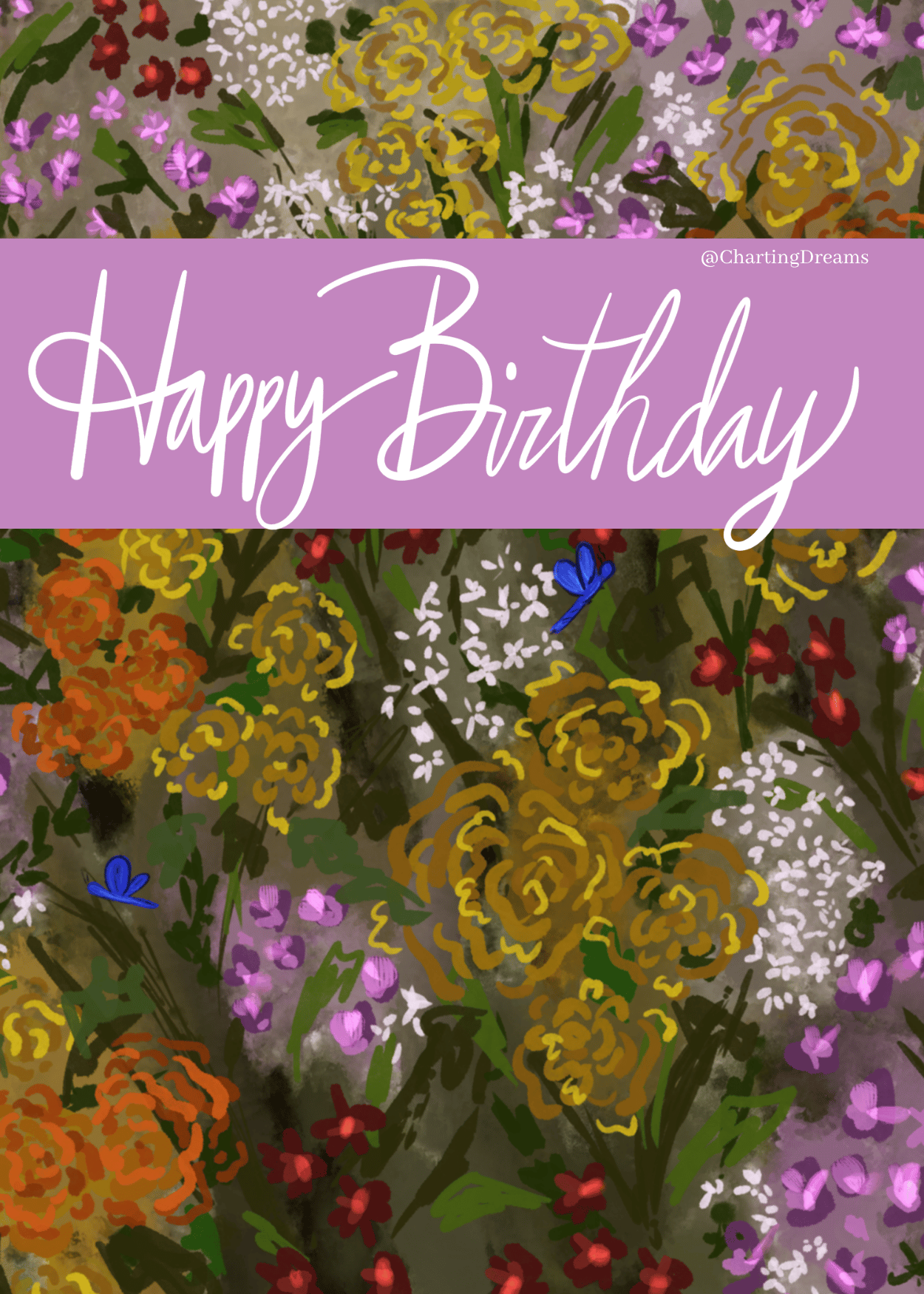Happy Birthday  with watercolor and guache wildflowers in a meadow. Features bright pink daisies,  yellow and orange marigolds. This whimsical and impressionist  design would be perfect for a greeting card company. Open for licensing