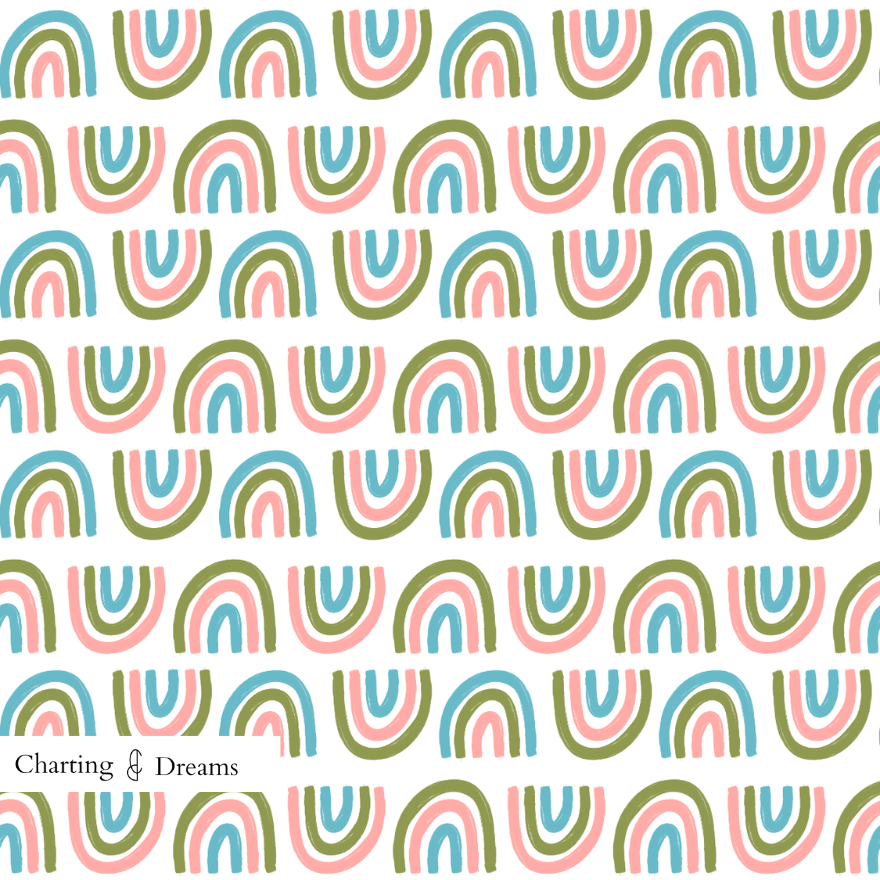 Pink and green rainbow in swirly spring design