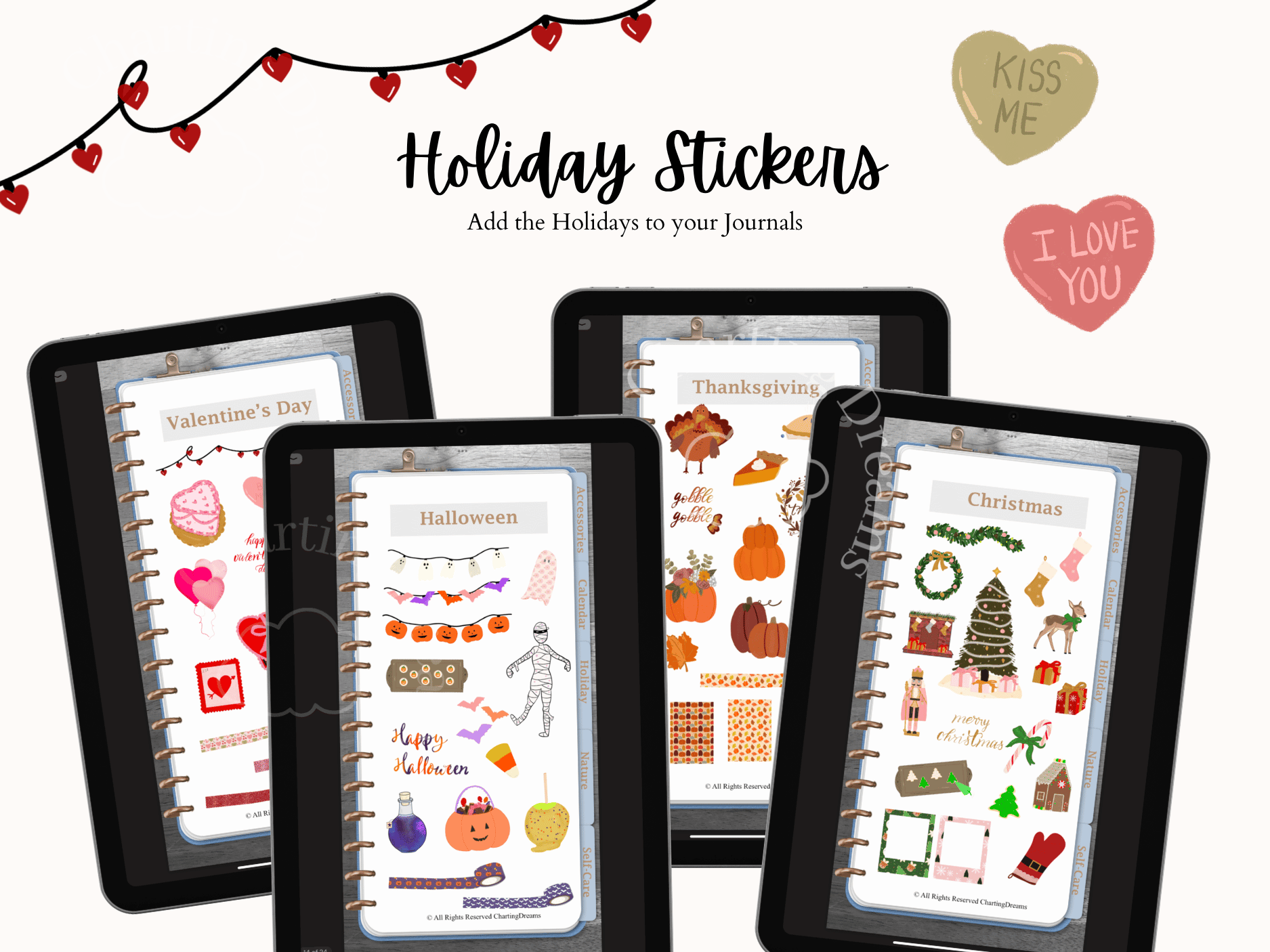 Holiday digital stickers featuring seasonal designs for Valentine’s Day, Halloween, Thanksgiving, and Christmas.