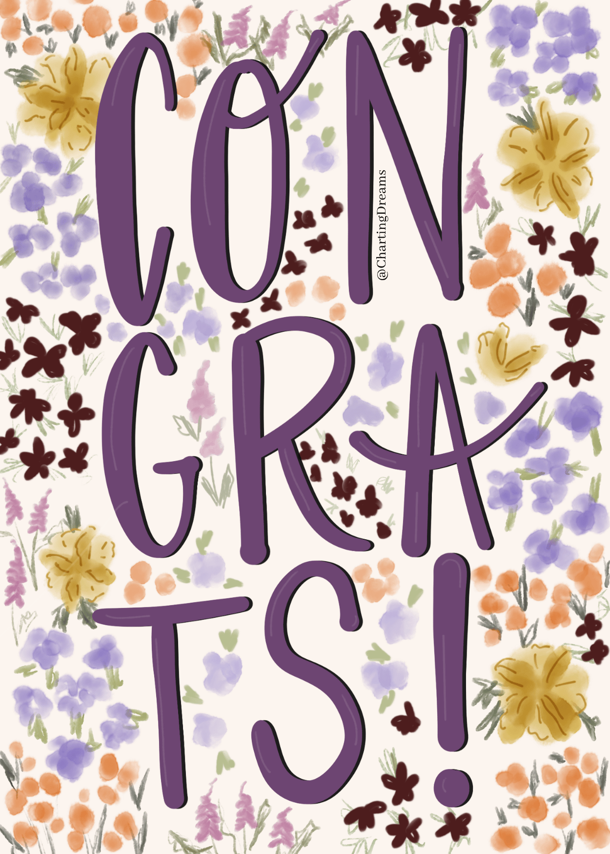 Congrats in hand-lettering  surrounded by pastel florals in a spring wildflower garden. This design would be perfect for a greeting card company. Open for licensing