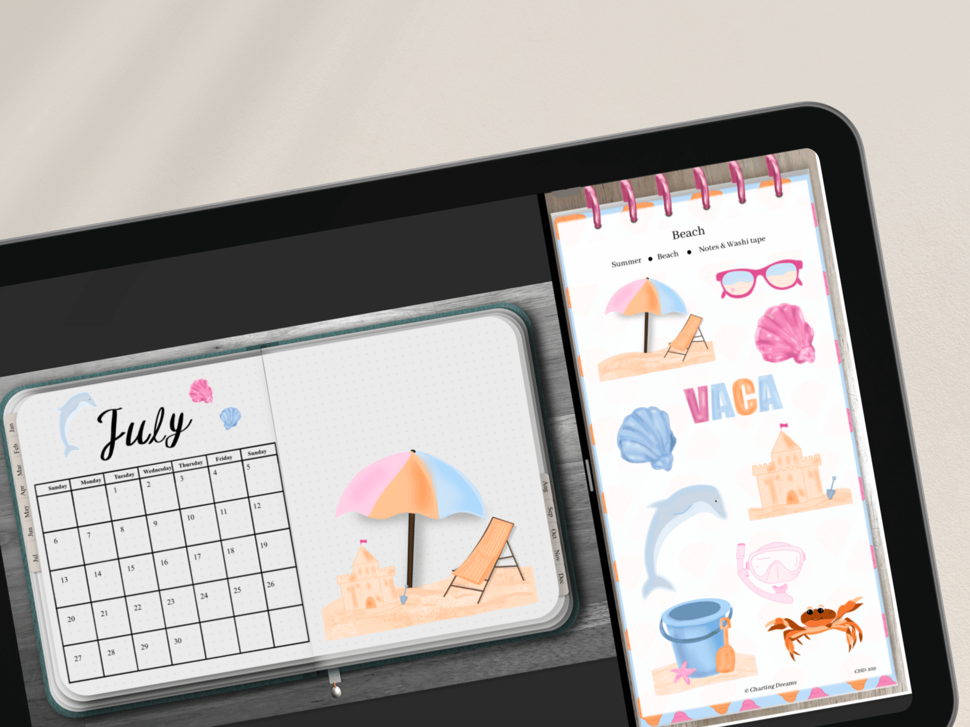 Beach day bullet journal spread on digital journal on ipad