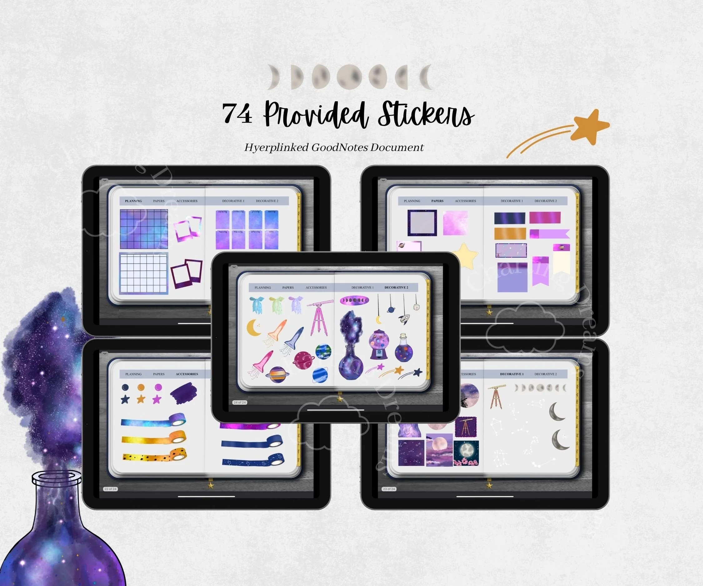 pre-cropped star and galaxy stickers for digital planning including widgets, planning accessories and star themed stickers