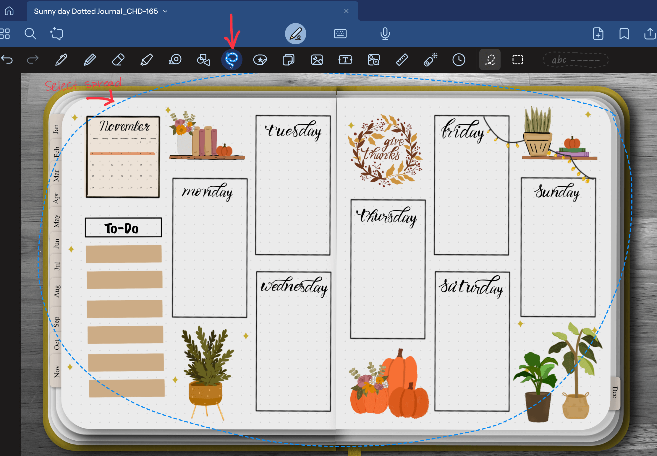Using the Goodnotes lasso tool to draw a selection circle around a complete weekly digital planner layout to save it.