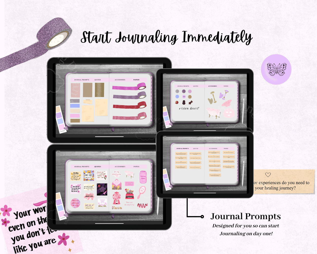 Self-care digital journal preview showing journaling pages, prompts, stickers, and creative planning layouts