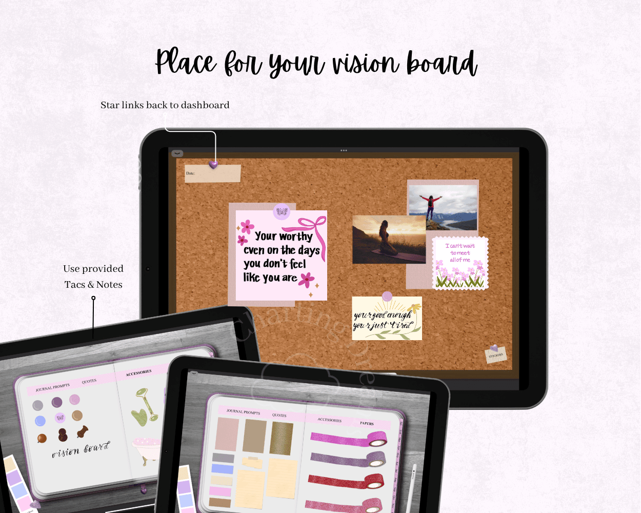 Digital vision board page with photos, affirmations, and inspirational elements for self-reflection and goal setting