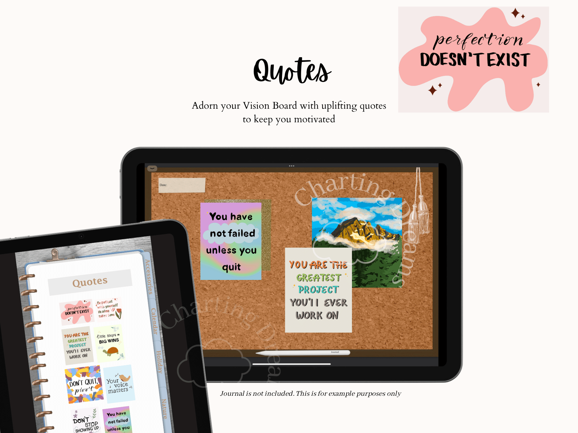 Digital journal spreads decorated with Ultimate Sticker Book stickers, including quotes, calendars, and seasonal designs.