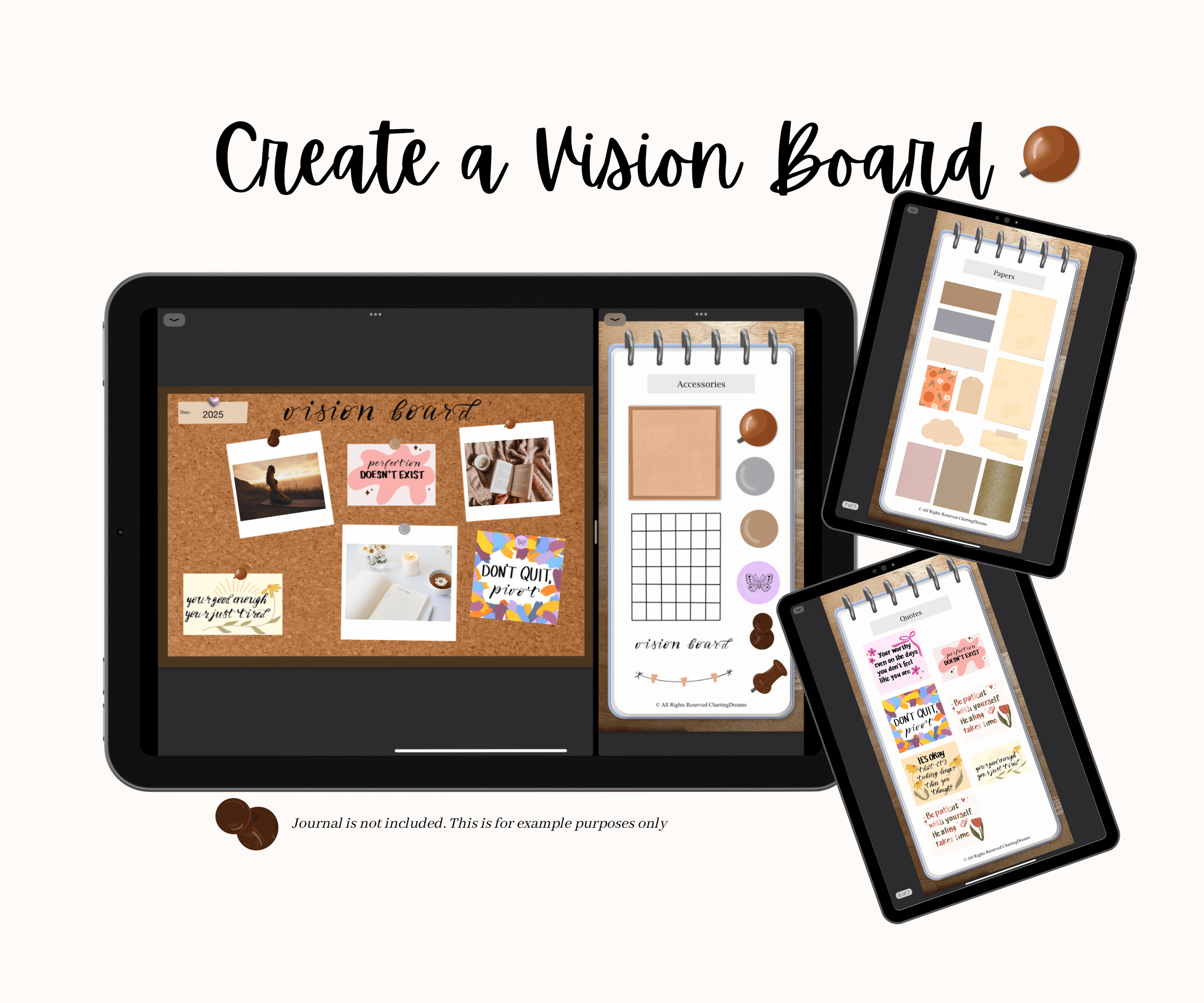 Vision board accessories for digital planning, including decorative paper and quotes