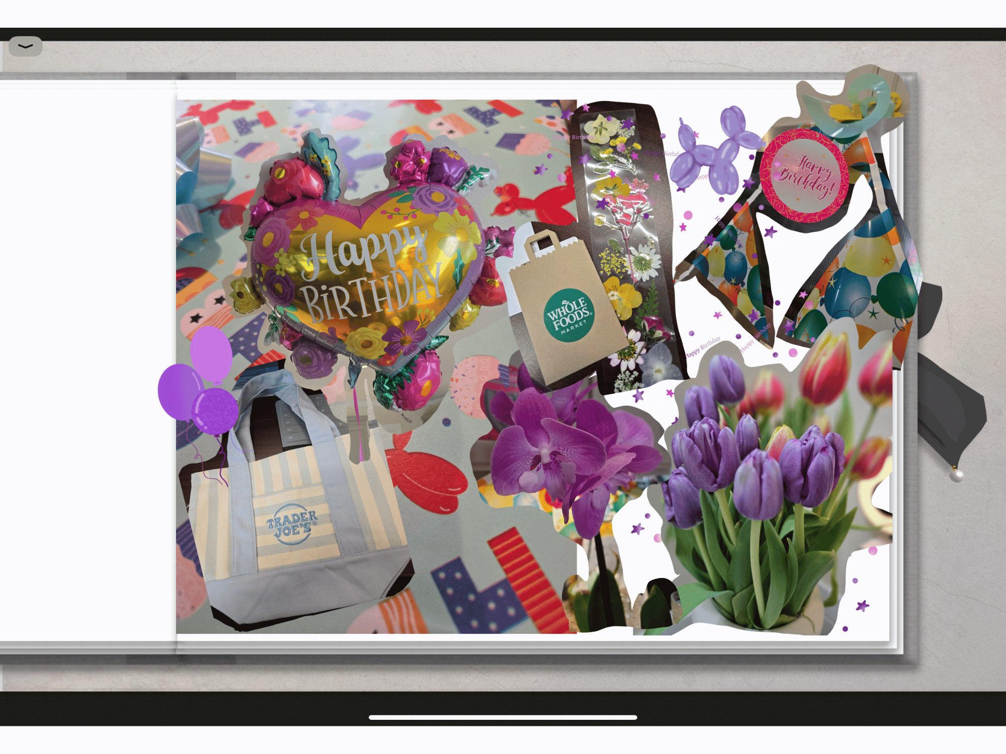 Digital scrapbook page decorate with birthday stickers, pictures and flowers