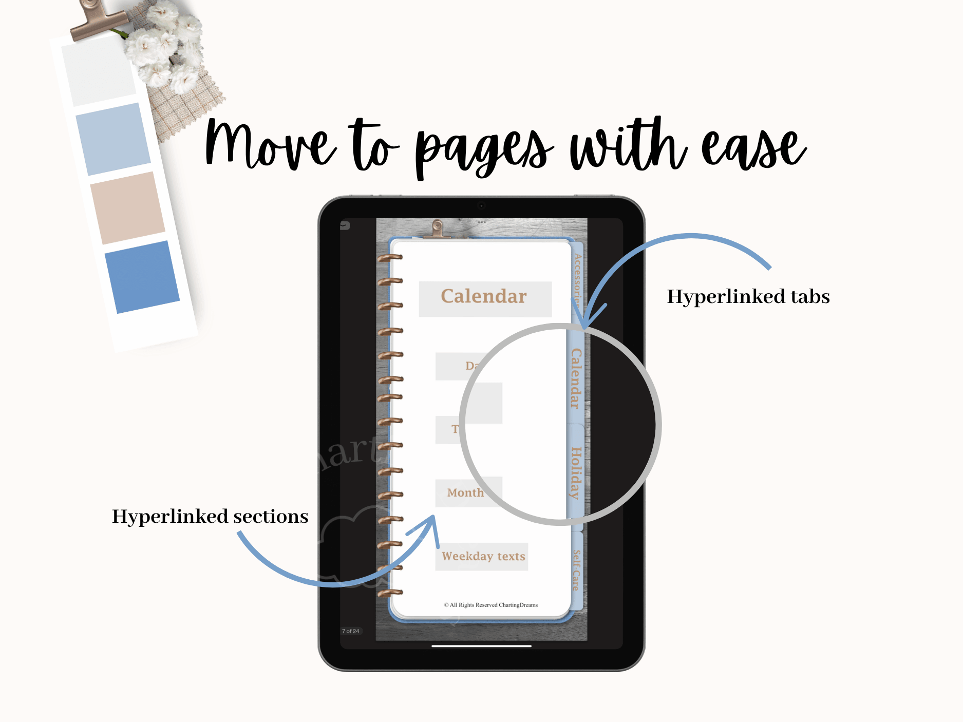 Digital journal spreads decorated with Ultimate Sticker Book stickers, including quotes, calendars, and seasonal designs.