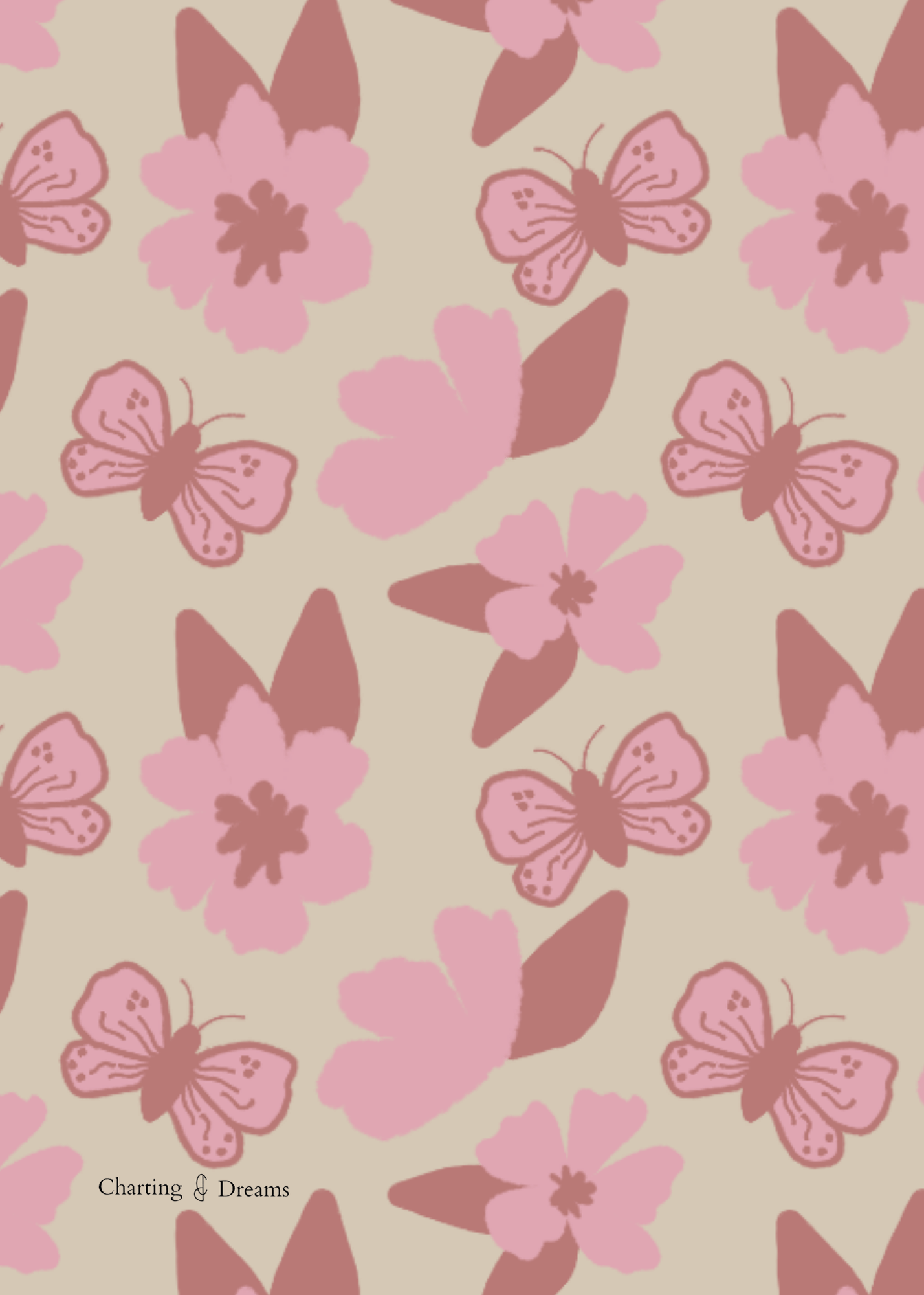 Whimsical pink floral surface pattern with butterflies, available for art licensing