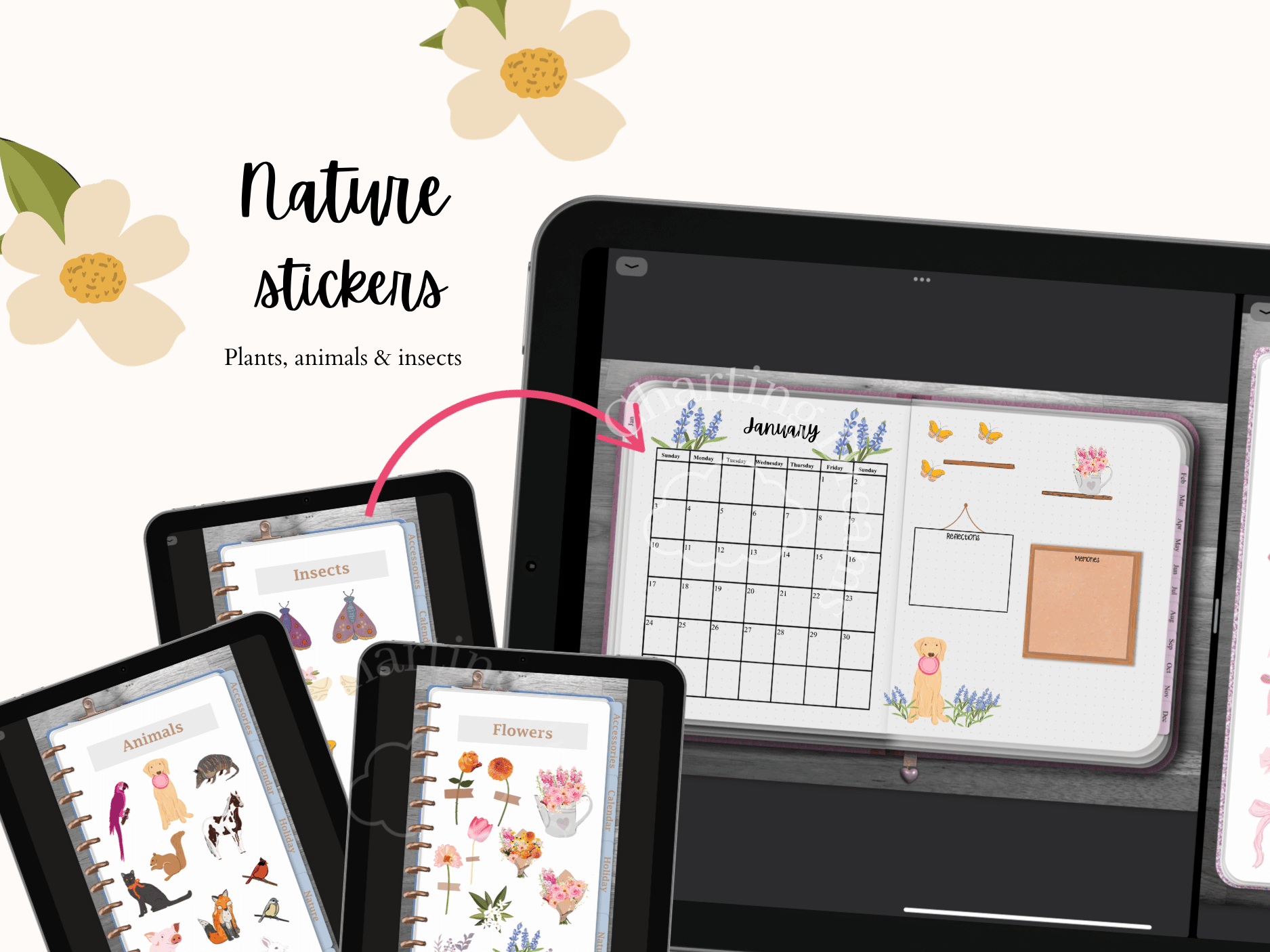 Nature digital stickers featuring flowers, plants, insects, birds, and other hand-drawn wildlife illustrations.