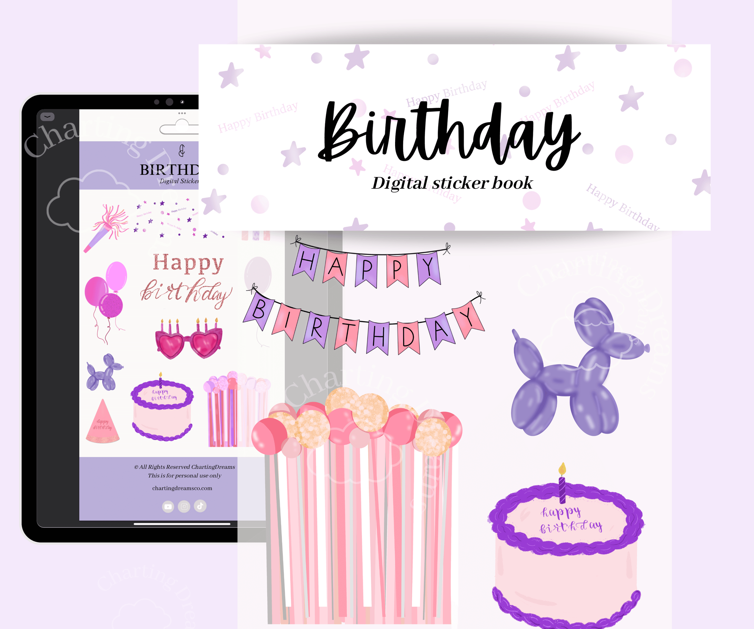 Pink and purple birthday decorations and celebration stickers for digital planning