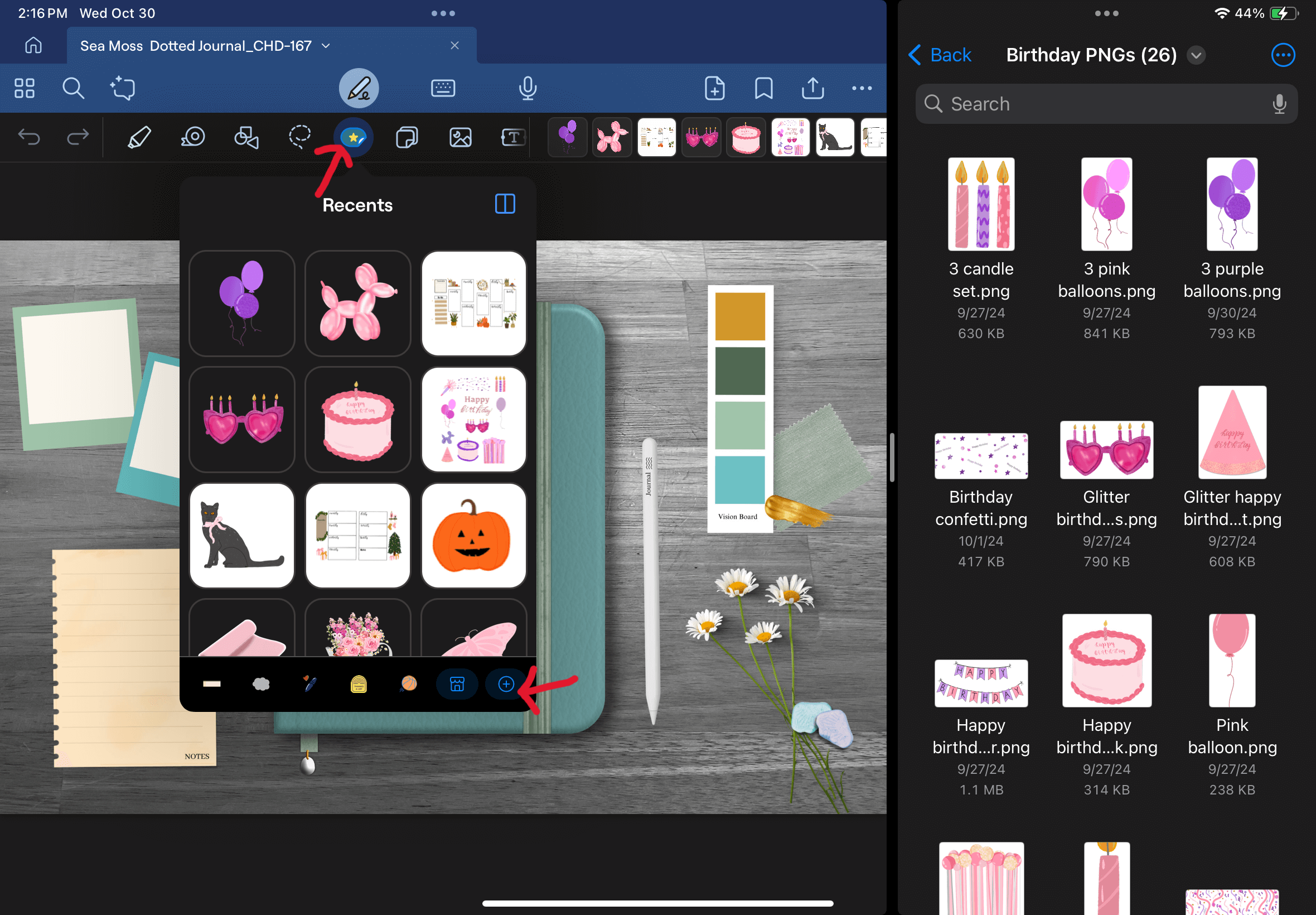 Importing Pink birthday stickers into a goodnotes planner