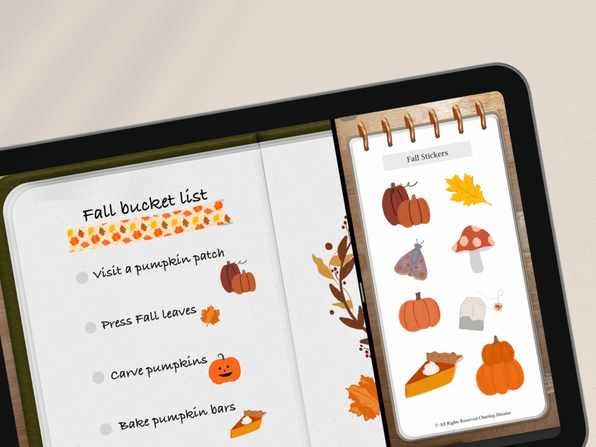 Fall Bucket list digital journal with autumn stickers