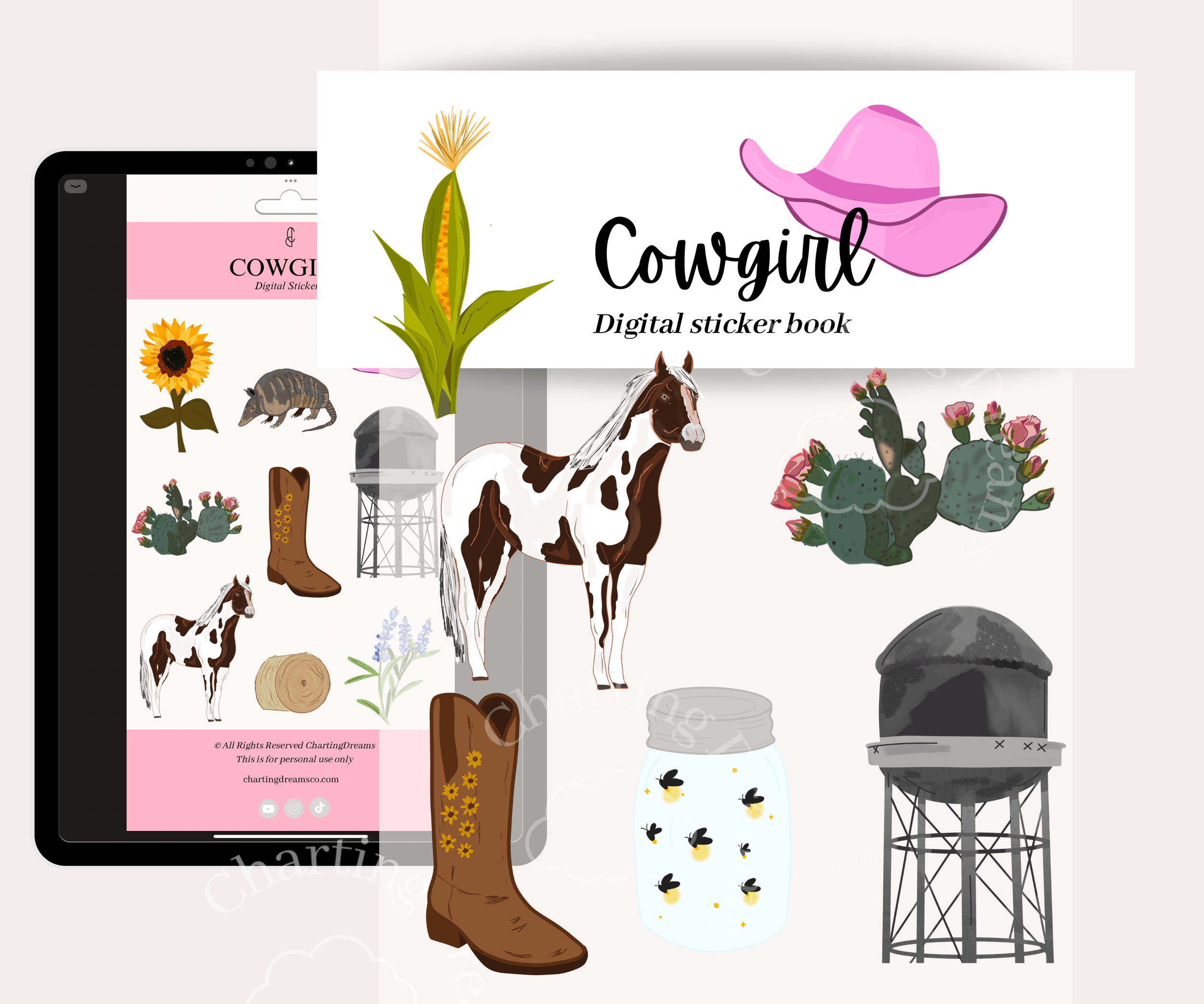 Cute pink cowgirl stickers for digital planning, including horse, cacti, pink hat, watertower and more!