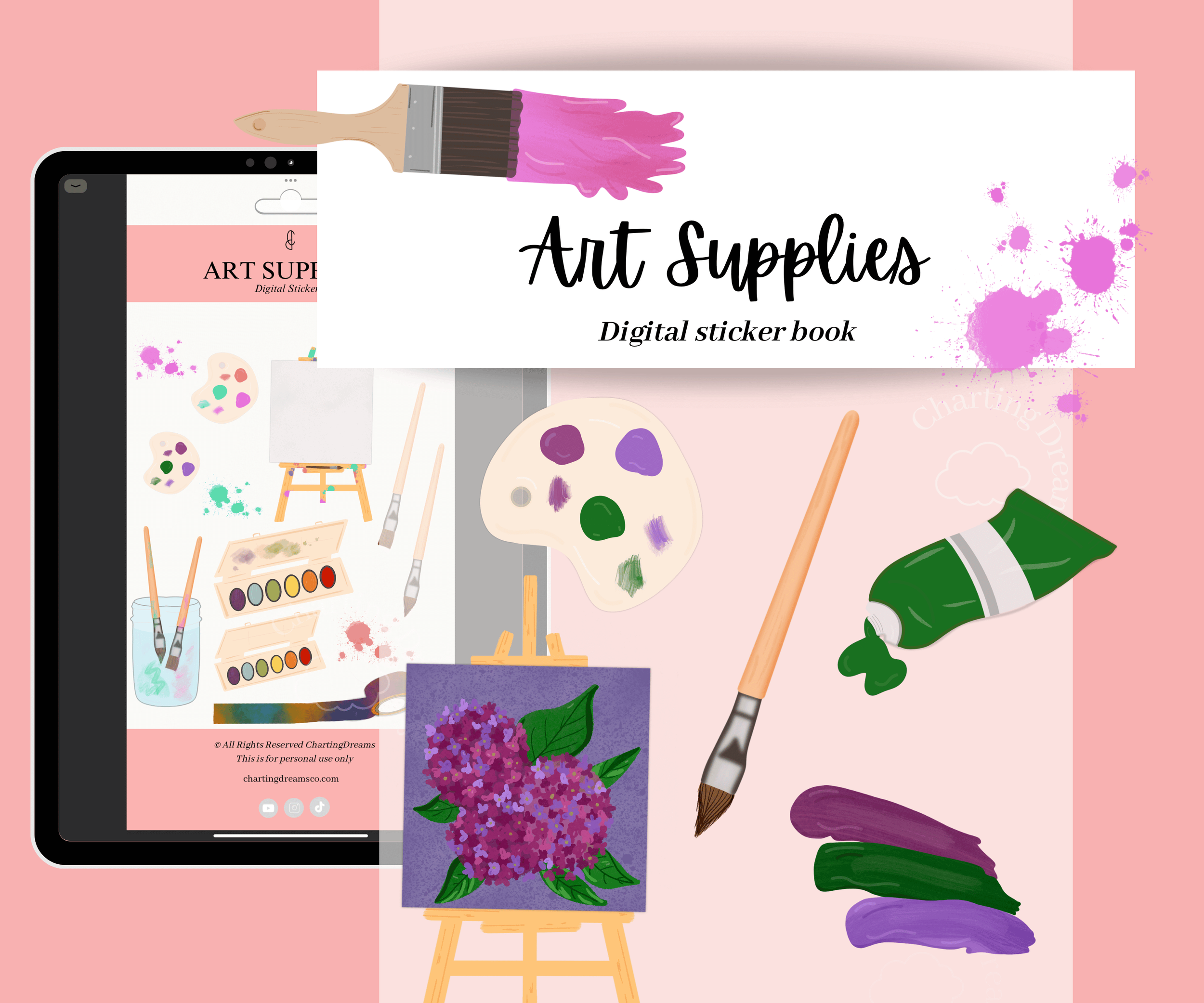 Art supplies digital stickers for digital planning including art brushes and paints
