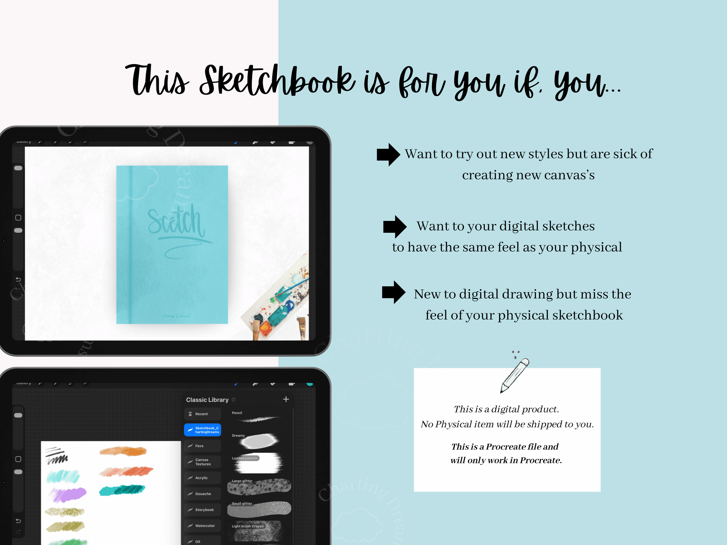 Digital art sketchbook Procreate file for iPad artists with included custom sketching brushes